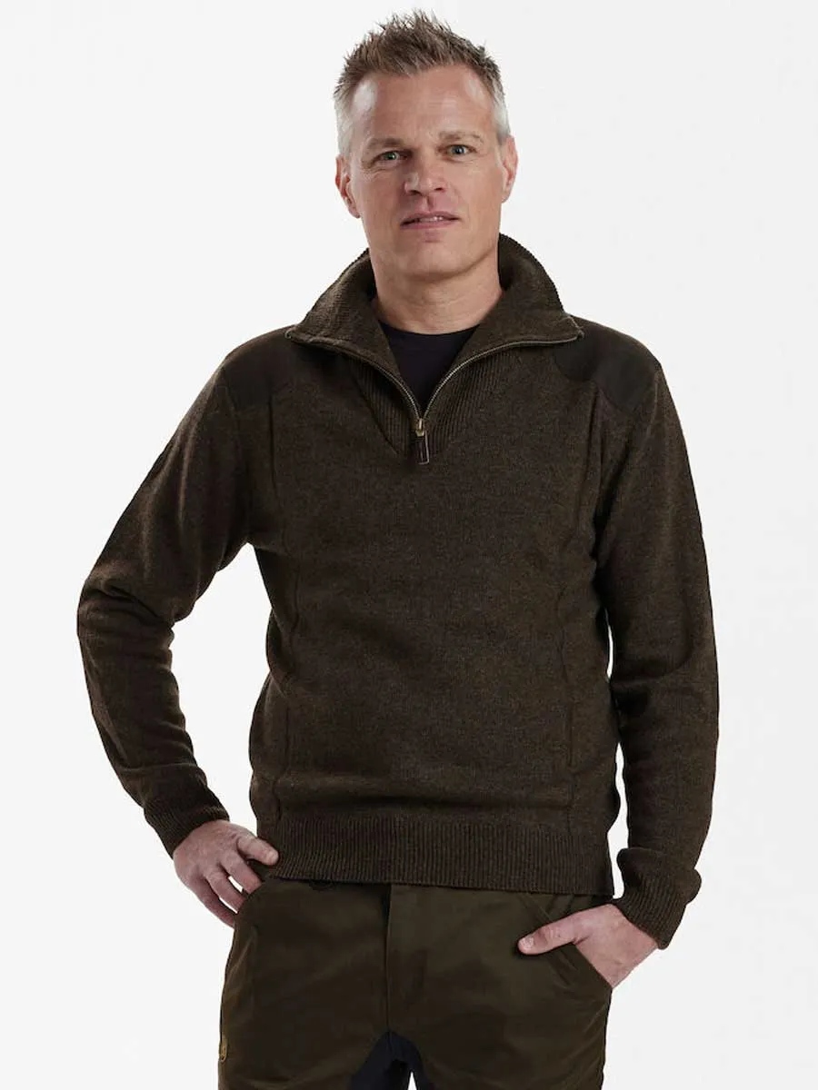 30% OFF DEERHUNTER Sheffield Knit Zip-Neck Jumper - Mens - Dark Elm - Size: XL