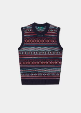 Amelia Ladies Fair Isle Sleeveless Crew Neck Jumper In Navy