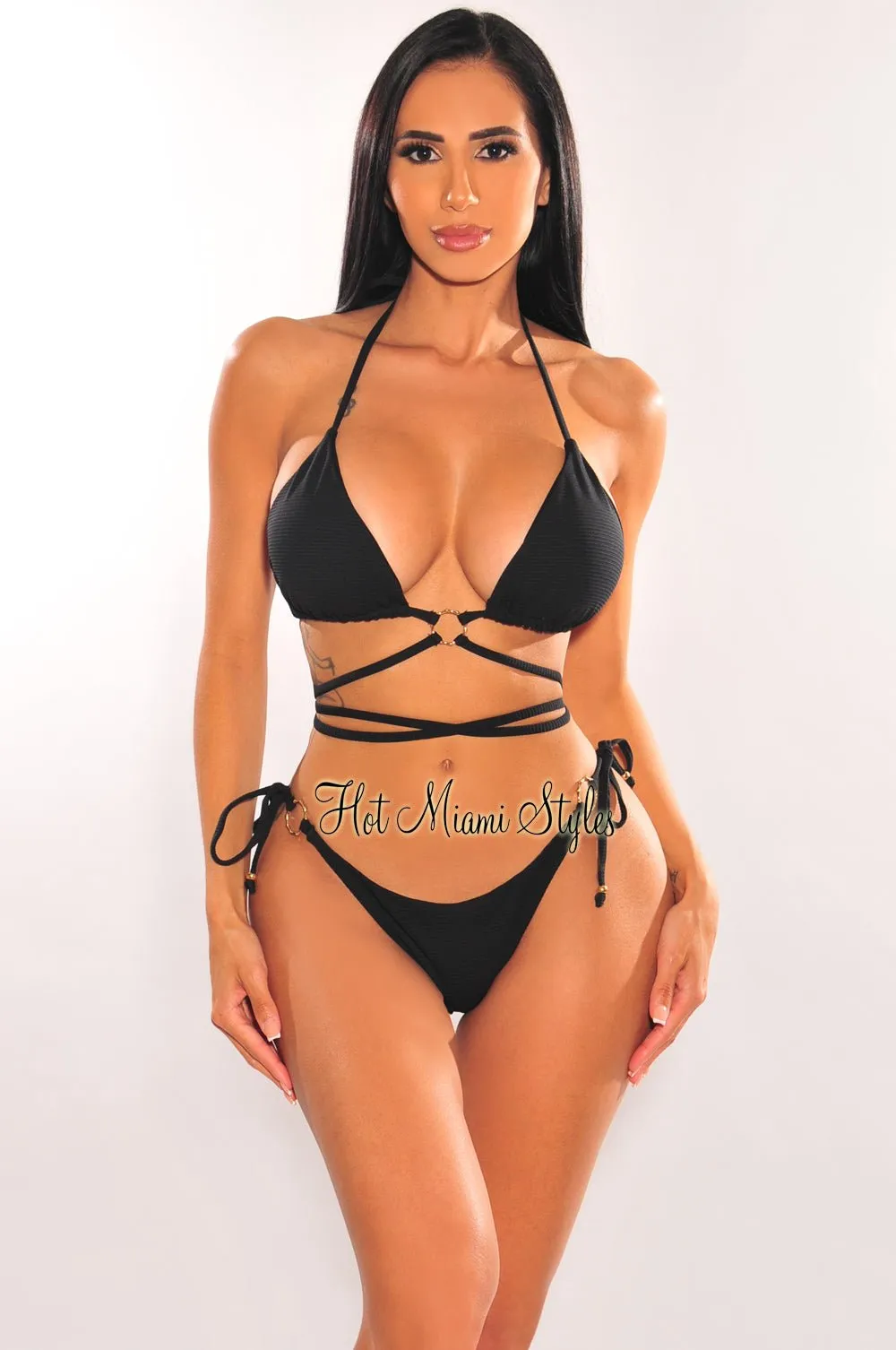 Black Ribbed Padded O-Ring Wrap Around Bikini