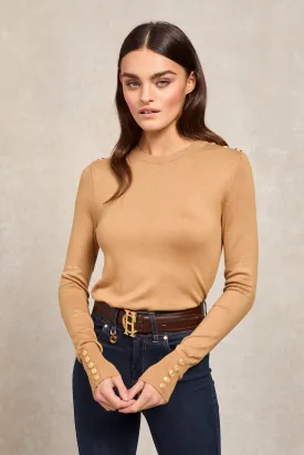 Buttoned Knit Crew Neck (Dark Camel)