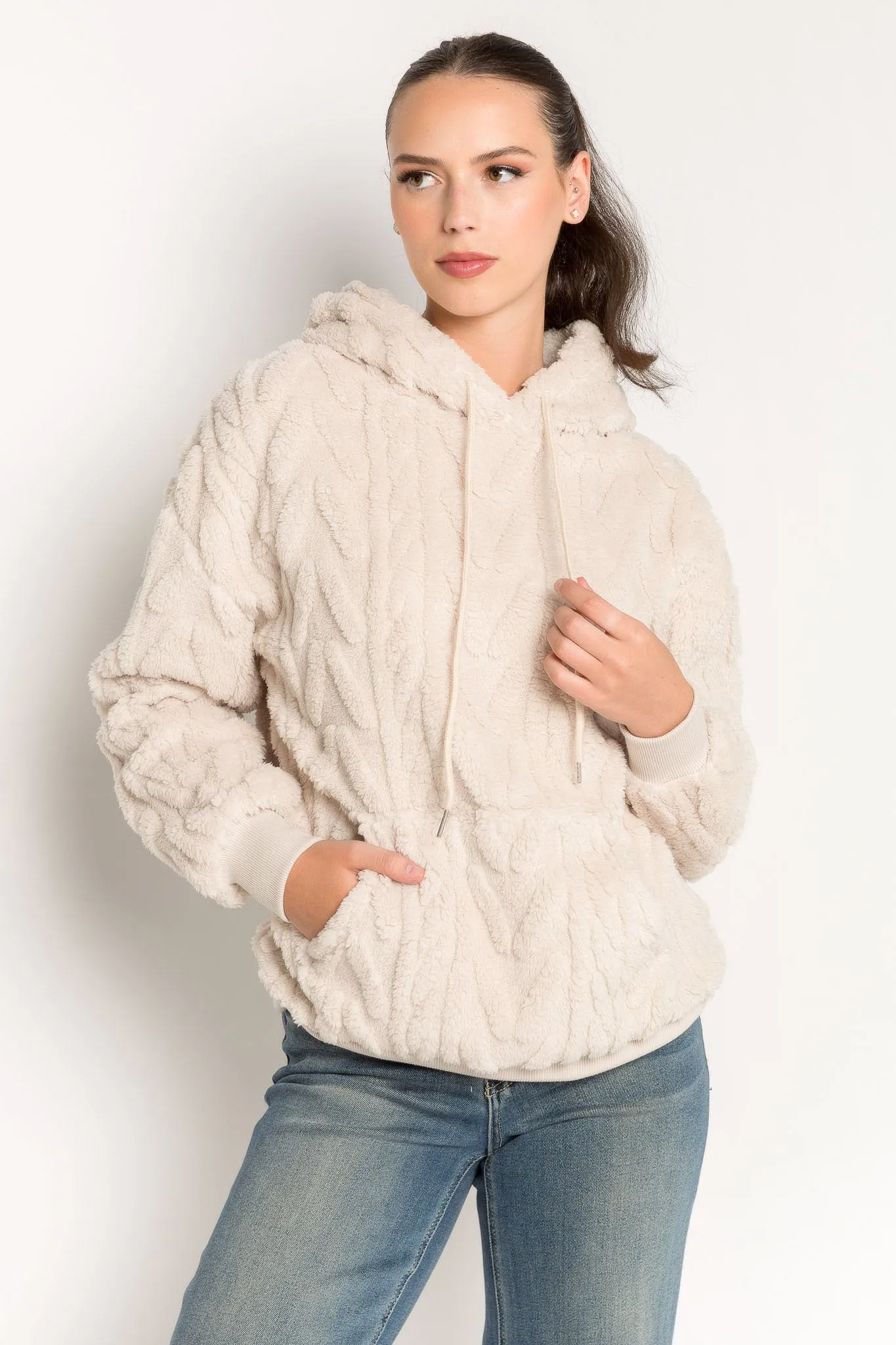 Cable Embossed Sherpa Popover Hoodie