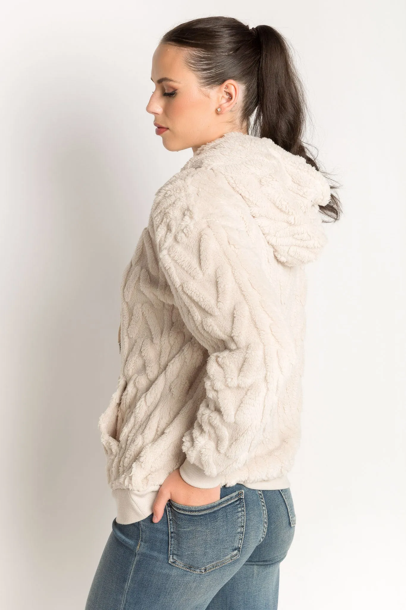 Cable Embossed Sherpa Popover Hoodie