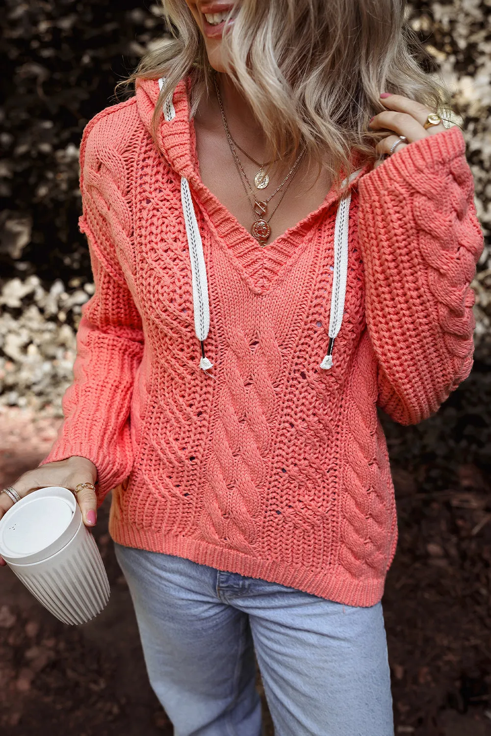 Cable Knit V-Neck Hooded Sweater