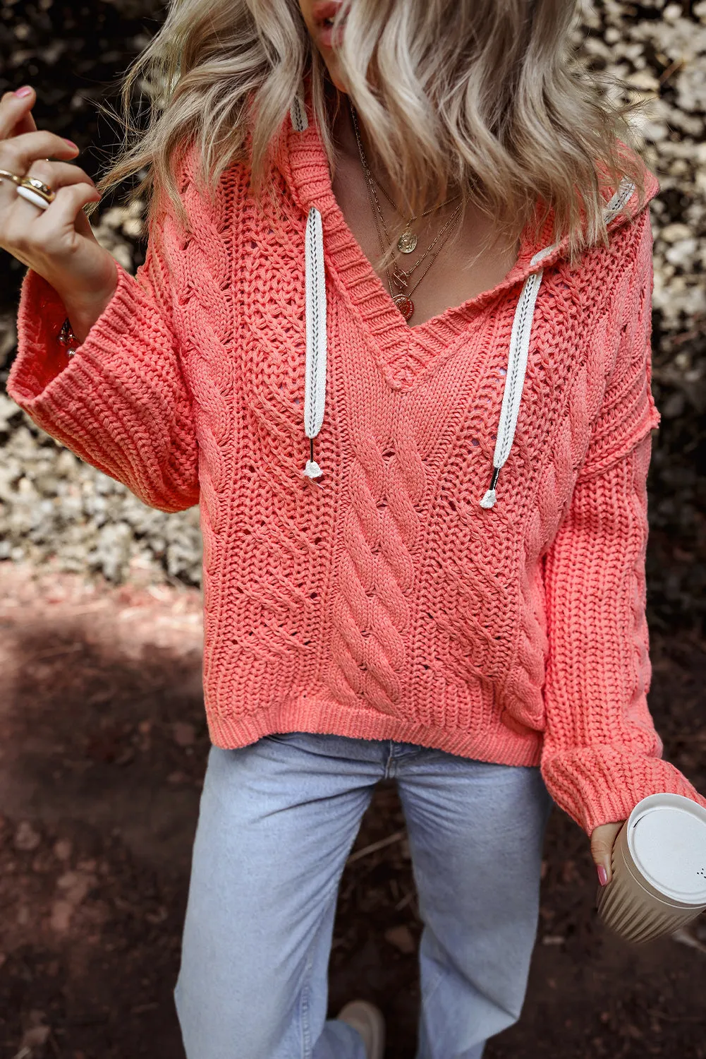 Cable Knit V-Neck Hooded Sweater