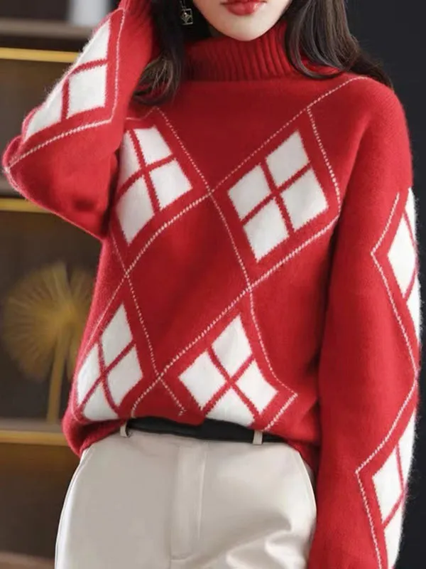 Casual Red High-Neck Contrast Color Plaid Long Sleeves Sweater QX014