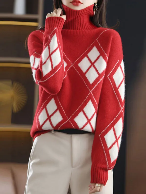 Casual Red High-Neck Contrast Color Plaid Long Sleeves Sweater QX014