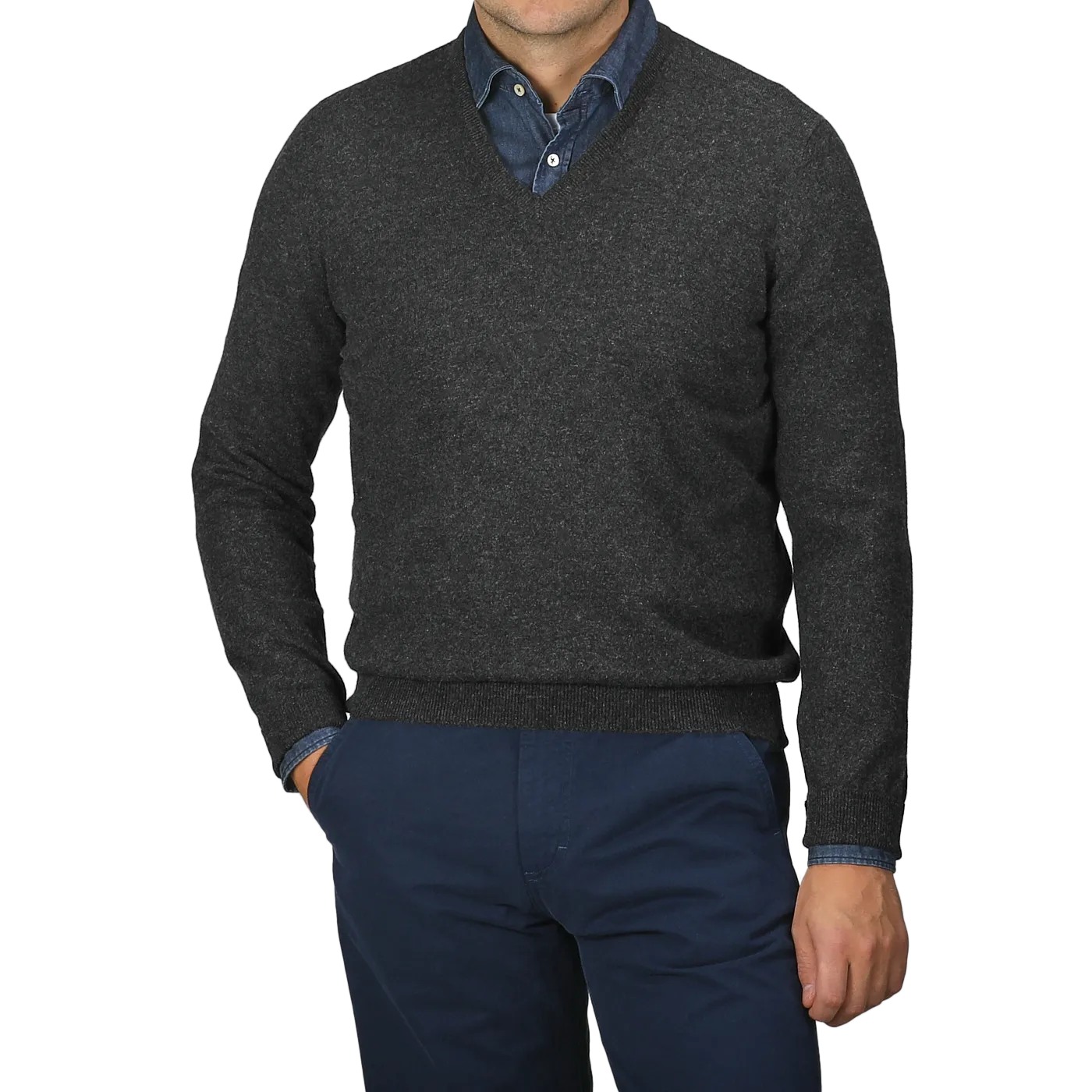 Charcoal Grey Cashmere V-Neck Sweater