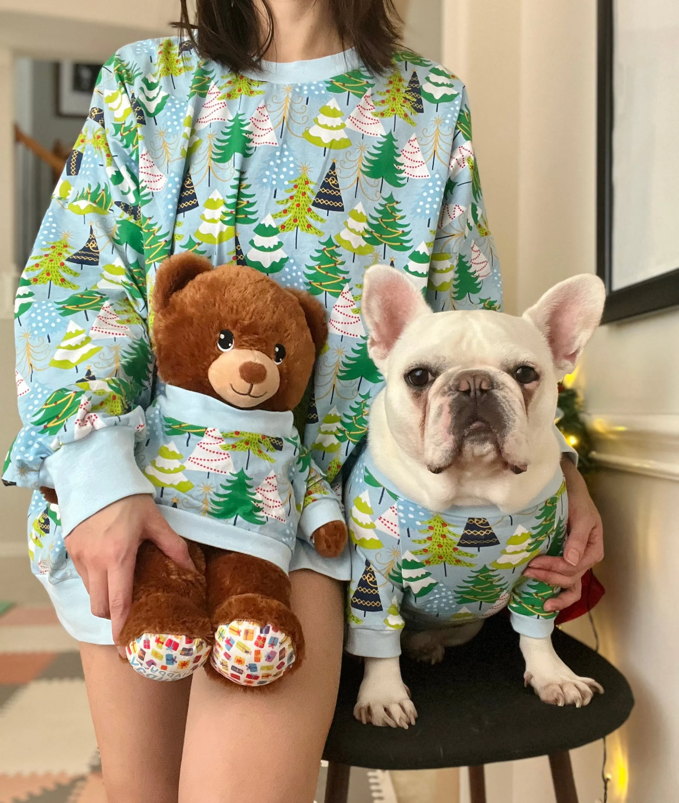 Christmas Tree Parade Light Blue Pet and Owner Family Matching Sweaters