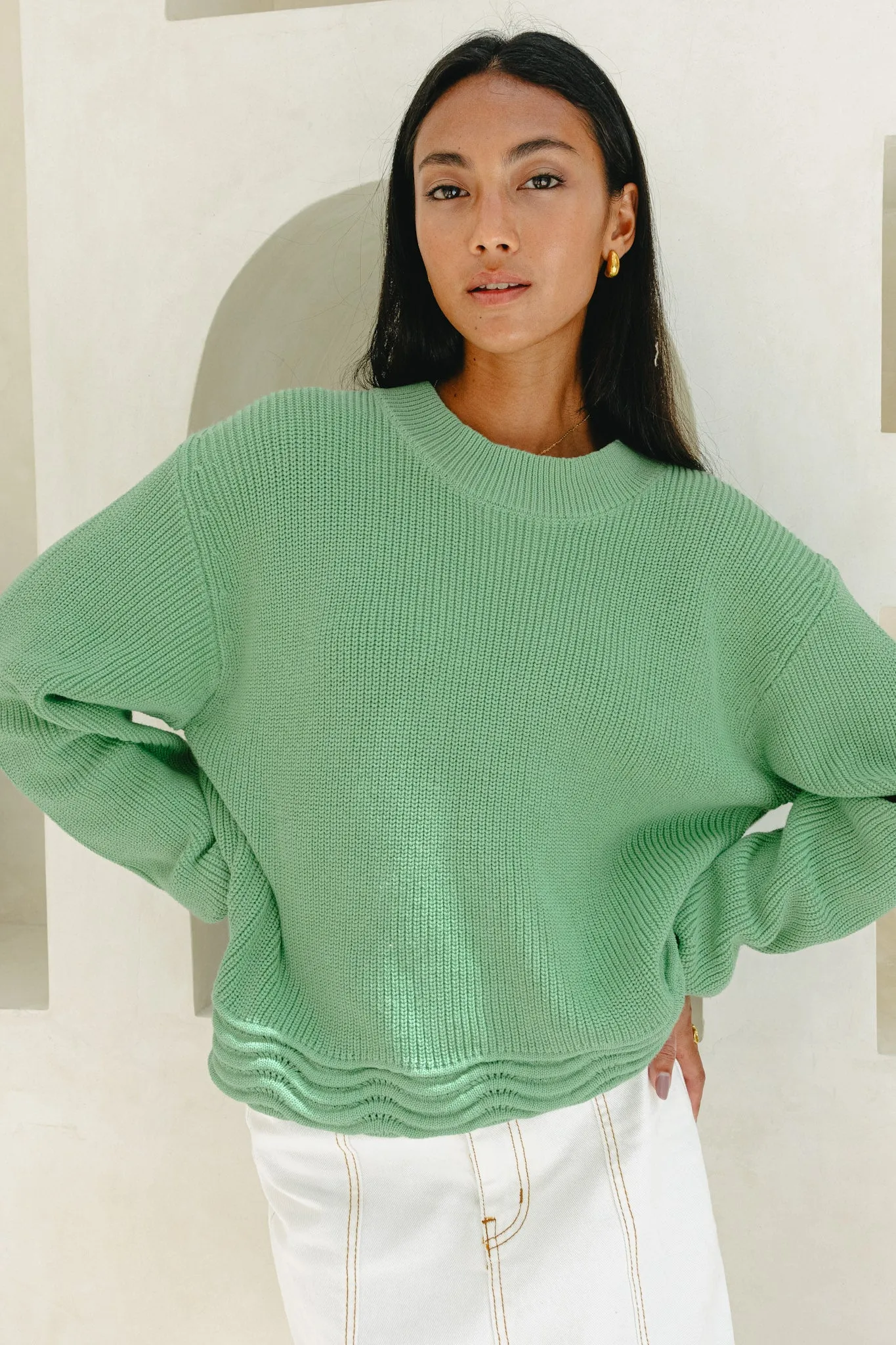 Claudia Green Scallop Hem Knit Sweater