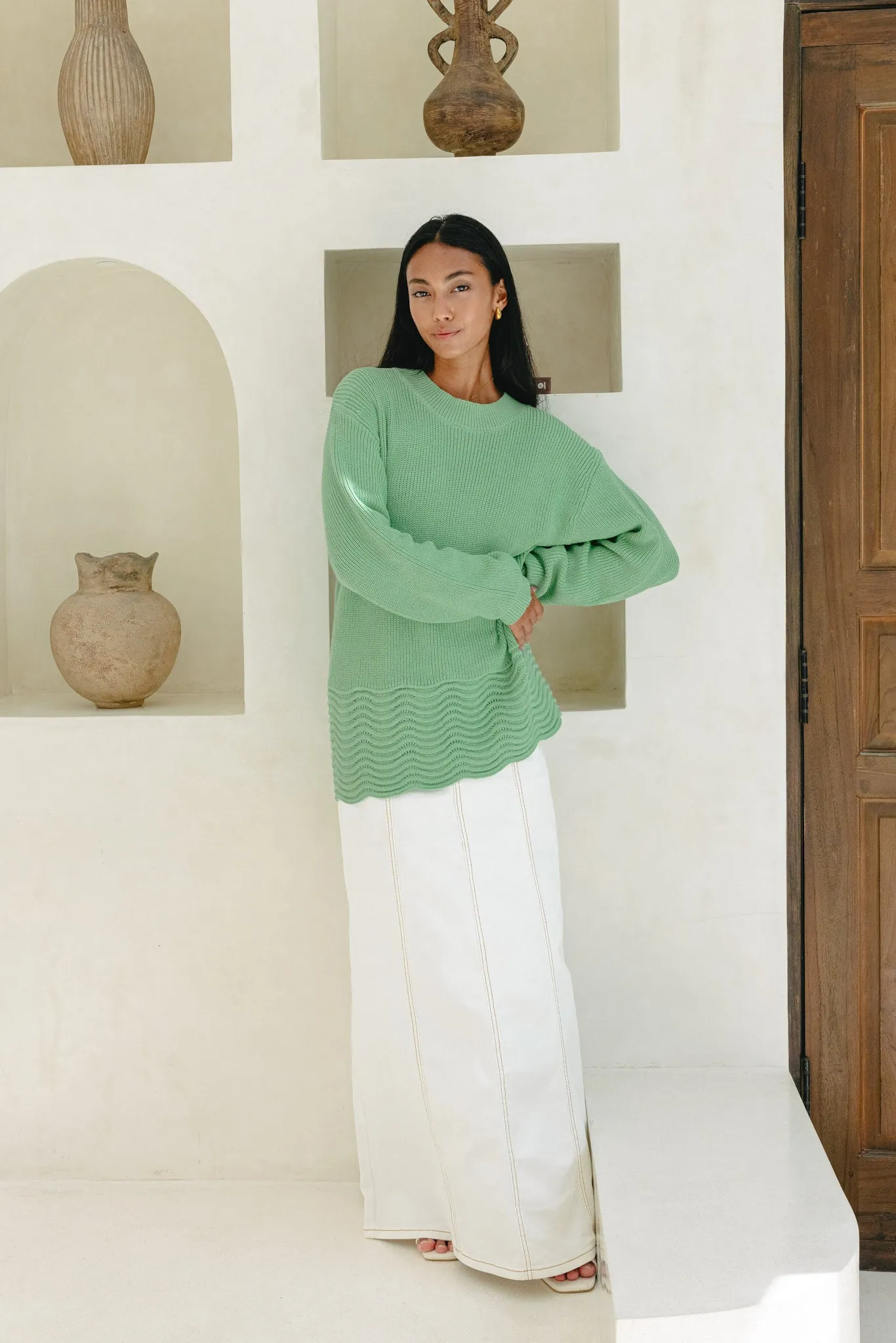 Claudia Green Scallop Hem Knit Sweater