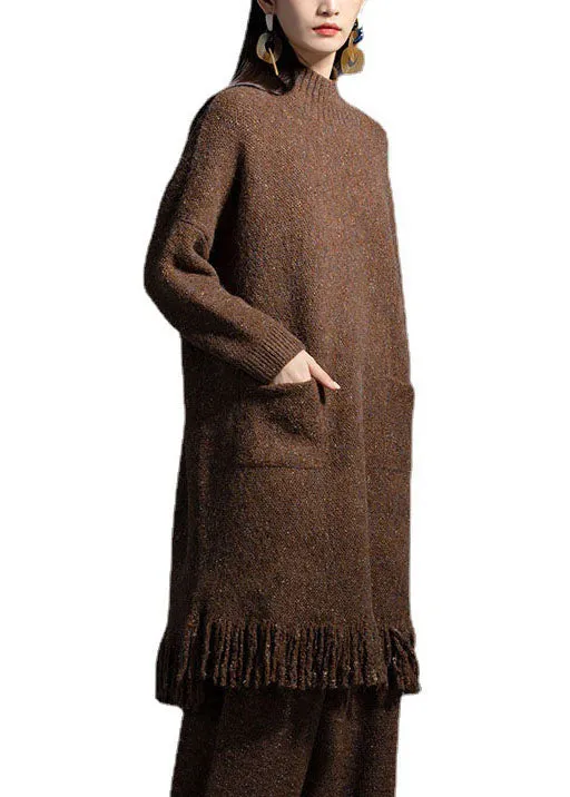 Coffee Pockets Wool Knitwear Dress Stand Collar Winter LY0014