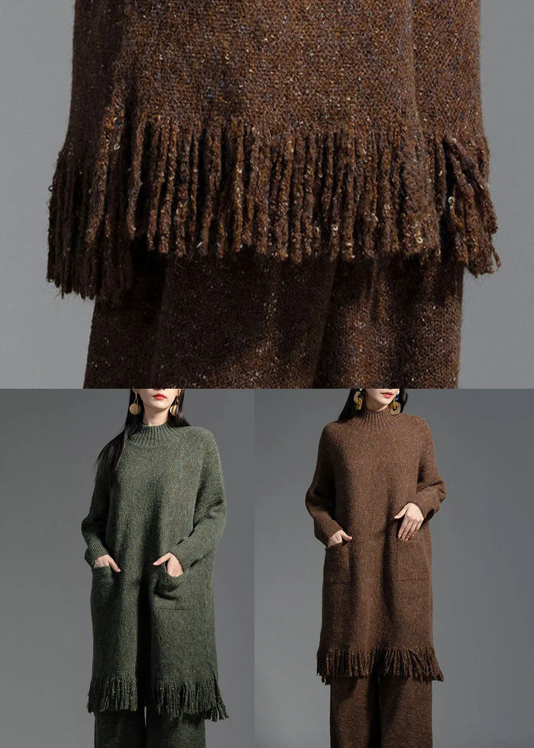 Coffee Pockets Wool Knitwear Dress Stand Collar Winter LY0014