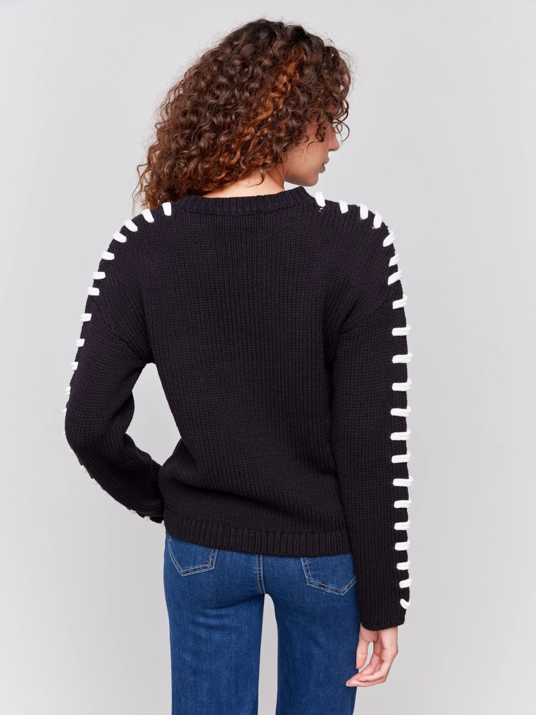 Cotton Blend Sweater with Stitch Detail - Black