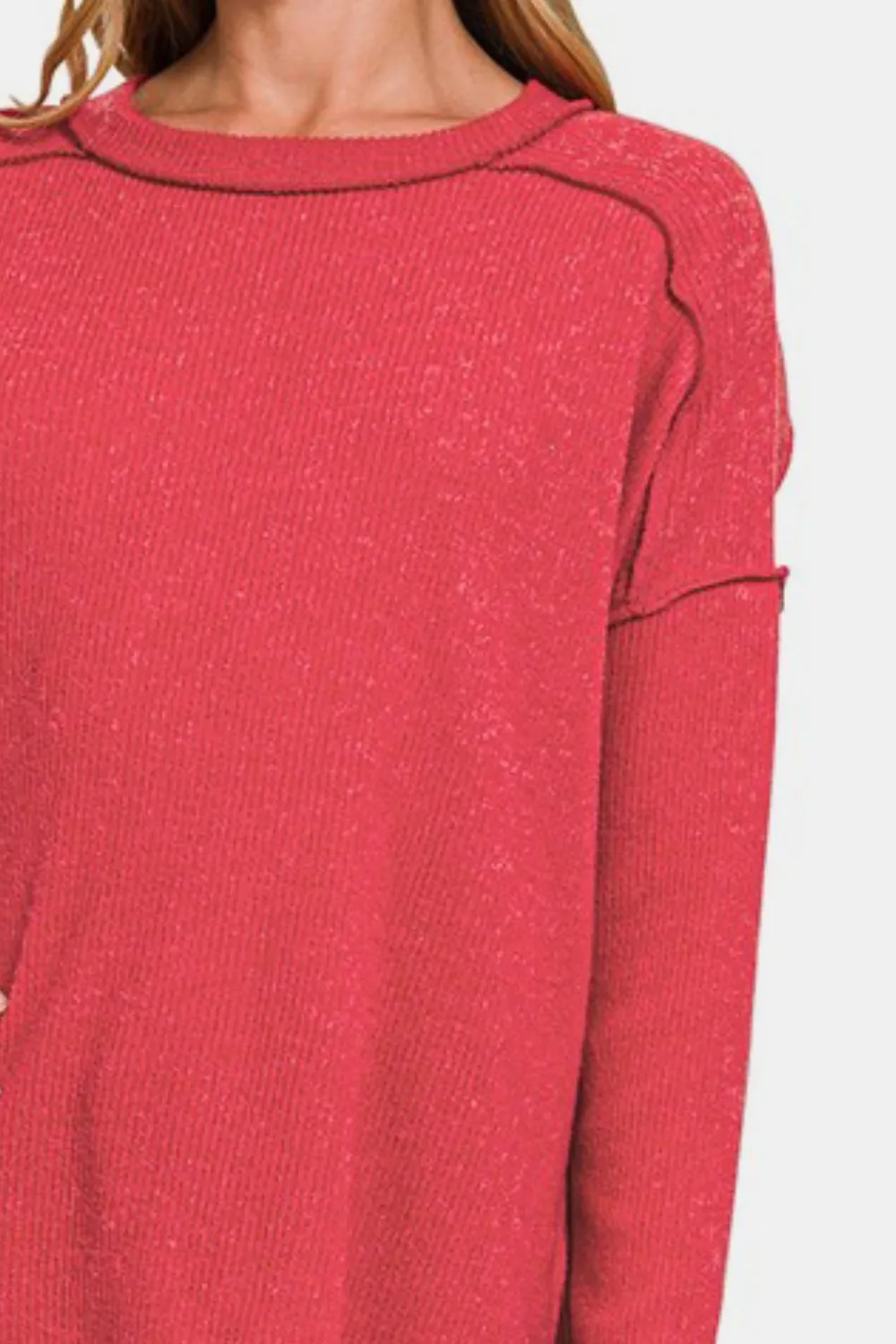 Exposed Seam Brushed Round Neck Sweater - Red