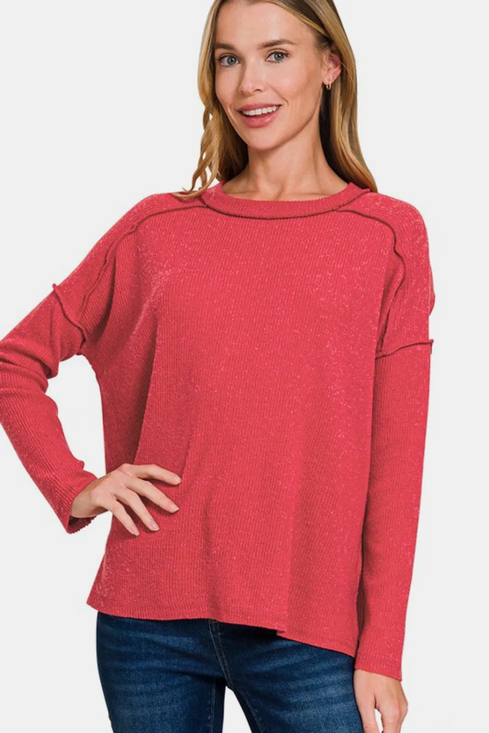 Exposed Seam Brushed Round Neck Sweater - Red