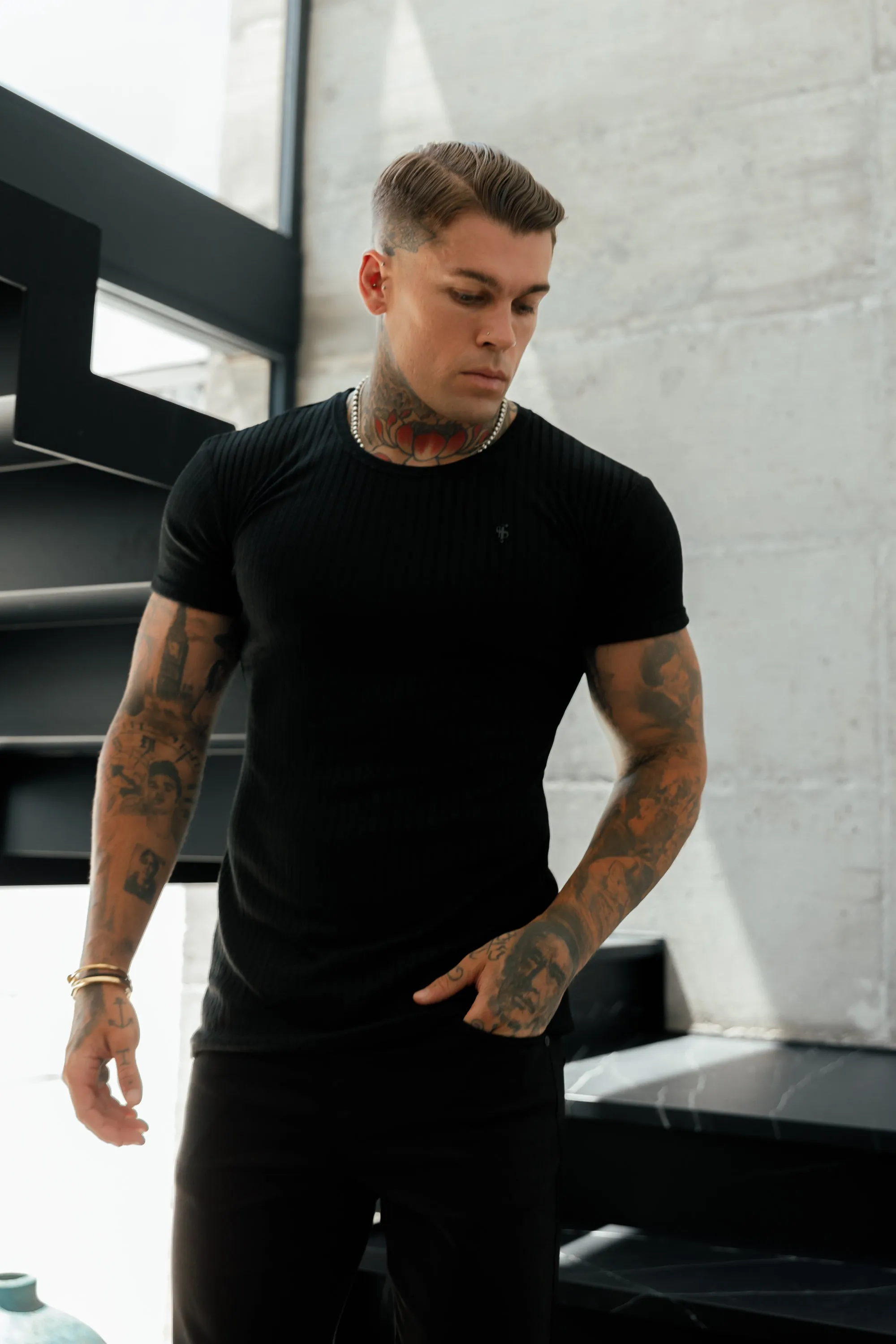 Father Sons Classic Black / Black Ribbed Knit Super Slim Short Sleeve Crew - FSH1081