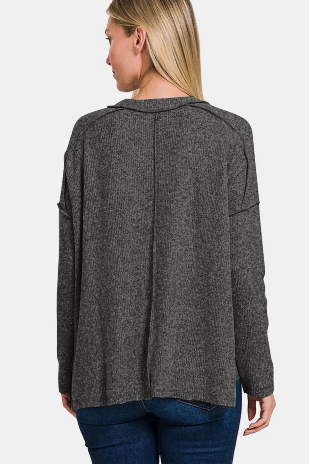 Full Size Exposed Seam Brushed Round Neck Sweater