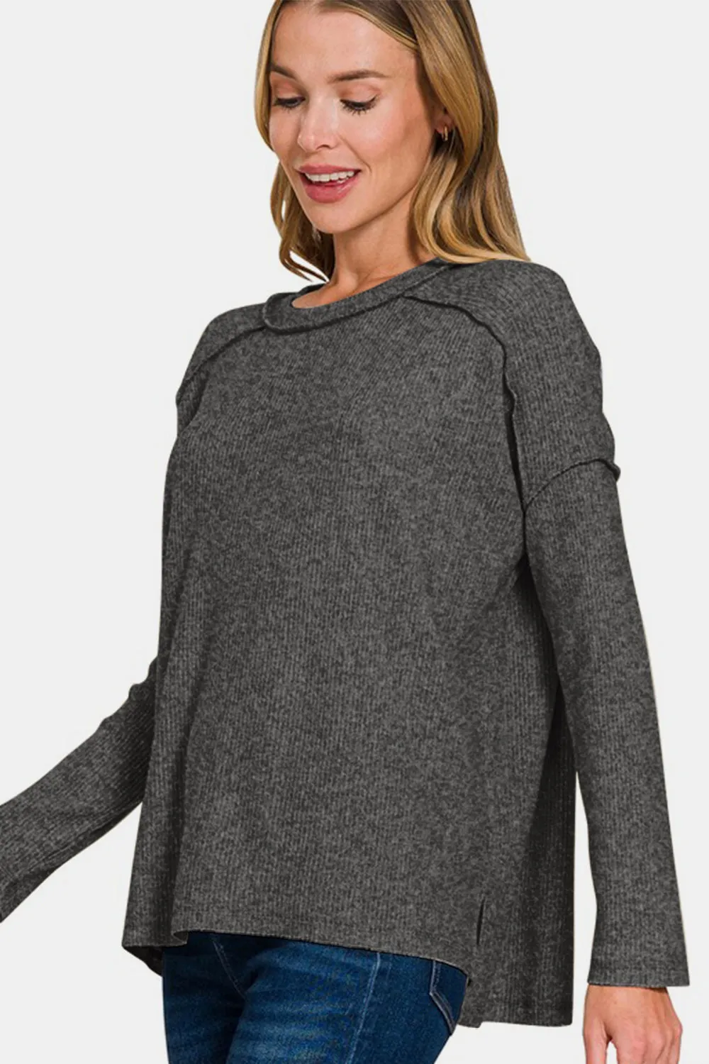 Full Size Exposed Seam Brushed Round Neck Sweater