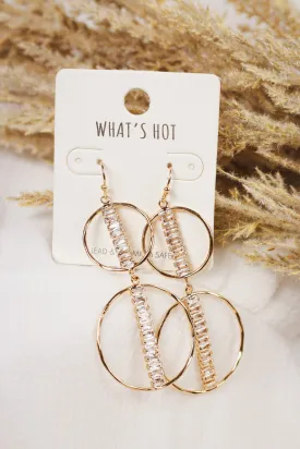 Gold Two Layer Circle with Rhinestone Bar 2" Hoop Earring