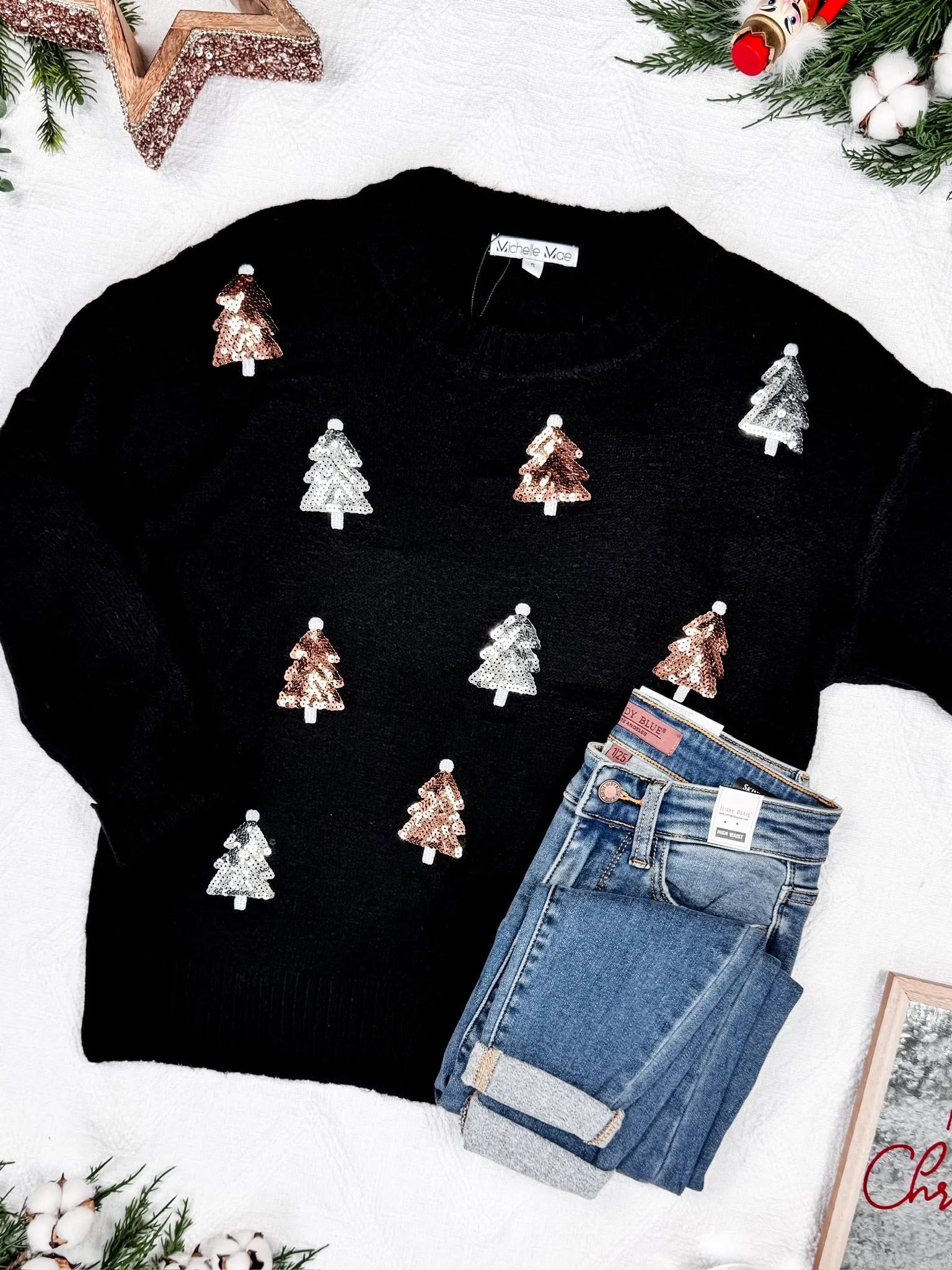 IN STOCK Holly Jolly Sweater - Gold   Silver Trees