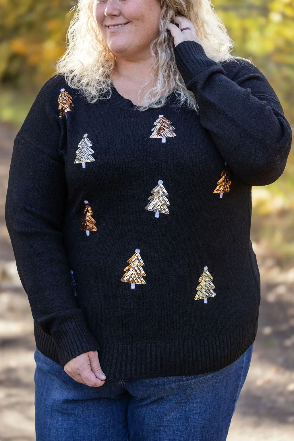 IN STOCK Holly Jolly Sweater - Gold   Silver Trees