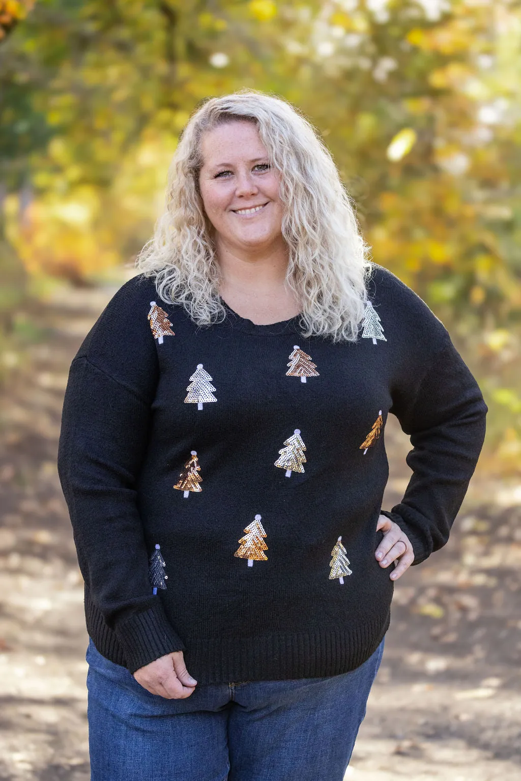 IN STOCK Holly Jolly Sweater - Gold   Silver Trees