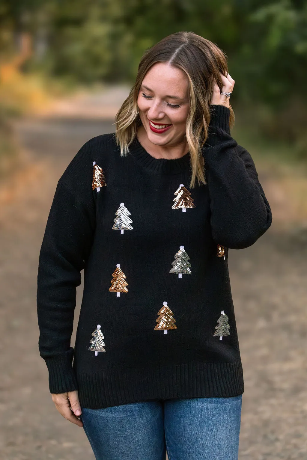 IN STOCK Holly Jolly Sweater - Gold   Silver Trees