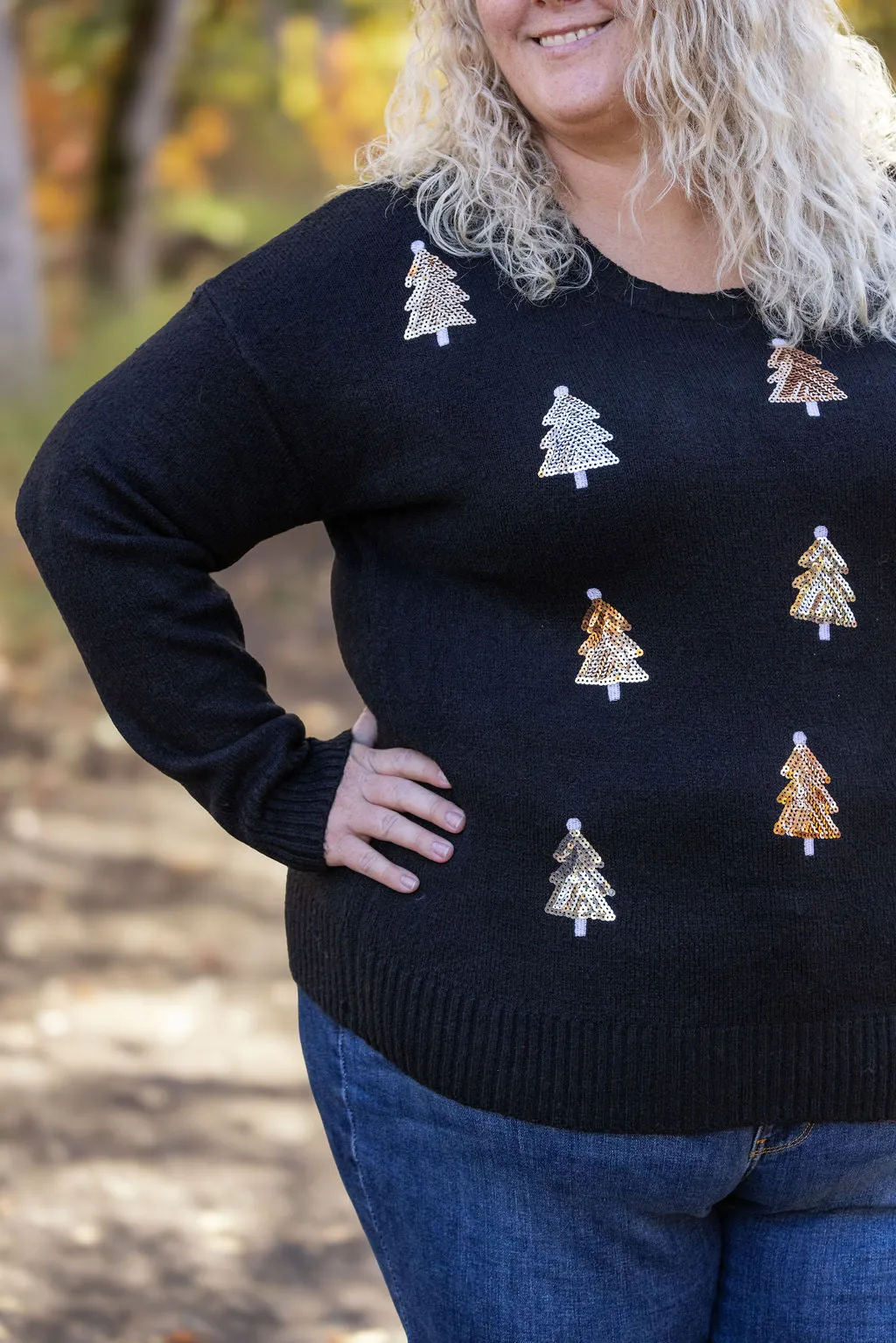 IN STOCK Holly Jolly Sweater - Gold   Silver Trees