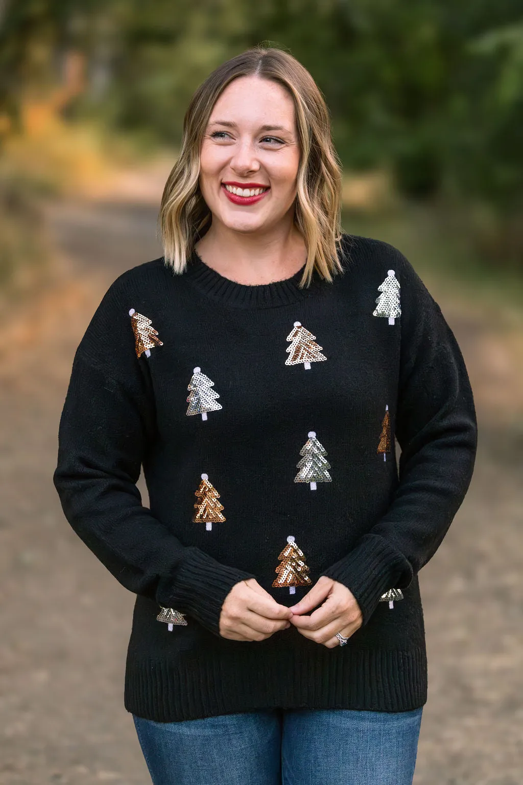 IN STOCK Holly Jolly Sweater - Gold   Silver Trees