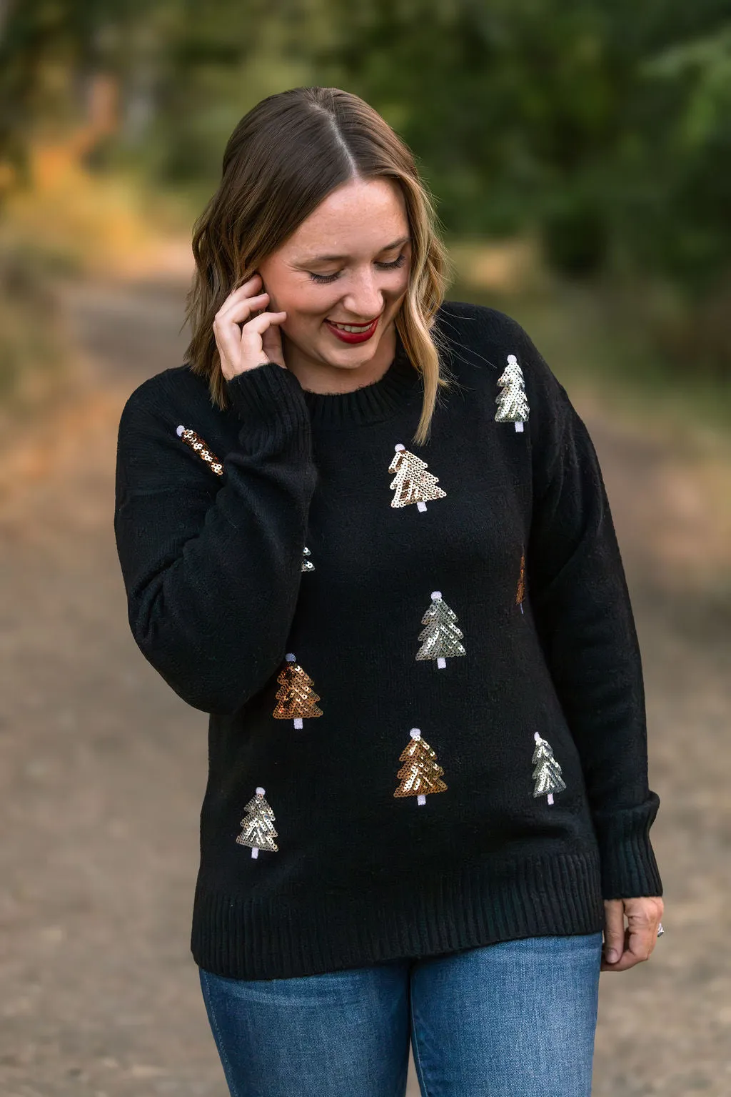 IN STOCK Holly Jolly Sweater - Gold   Silver Trees