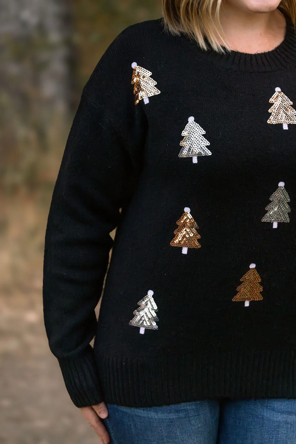 IN STOCK Holly Jolly Sweater - Gold   Silver Trees