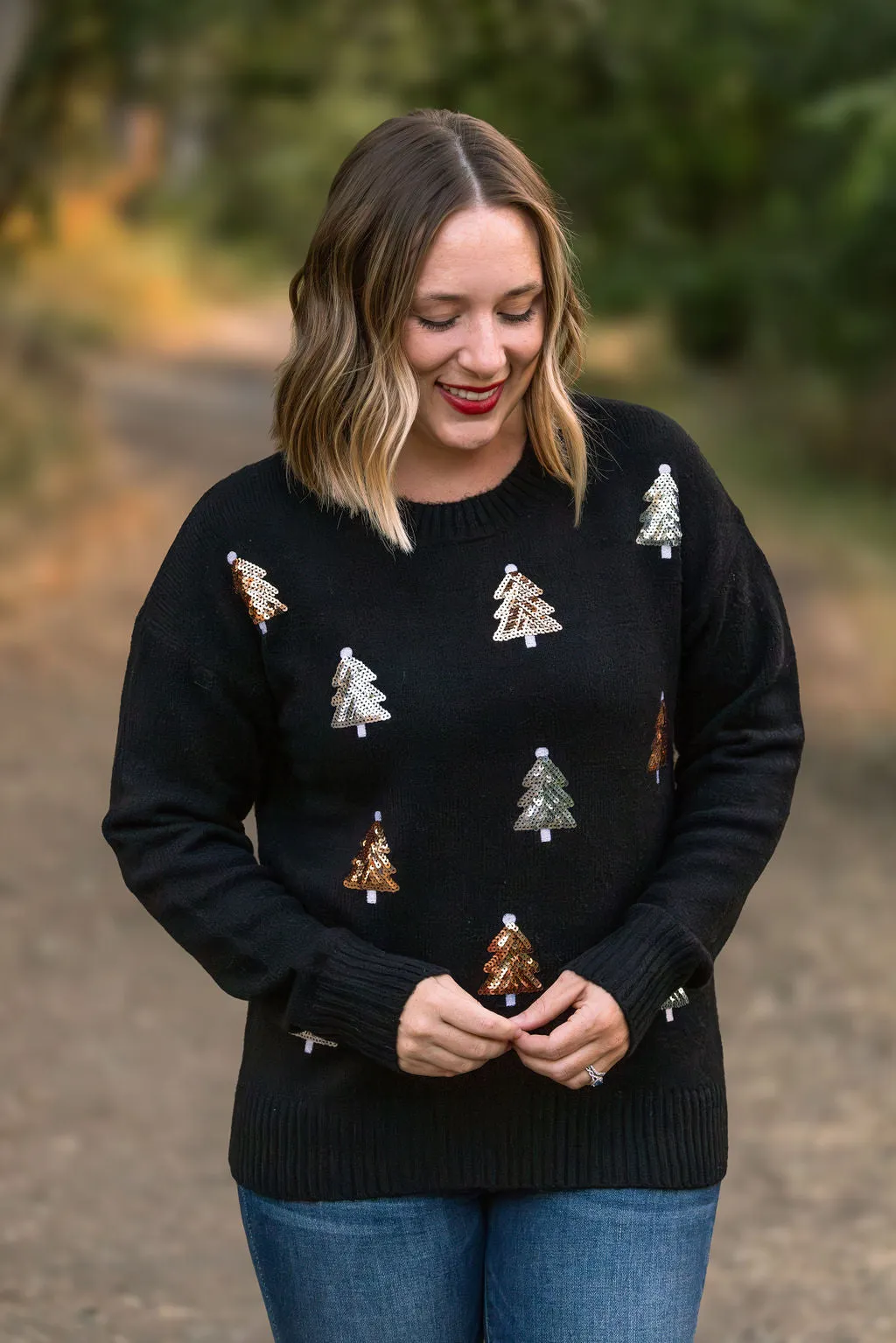 IN STOCK Holly Jolly Sweater - Gold   Silver Trees