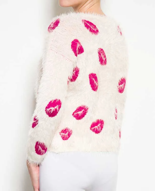 Lips Frayed White Sweater