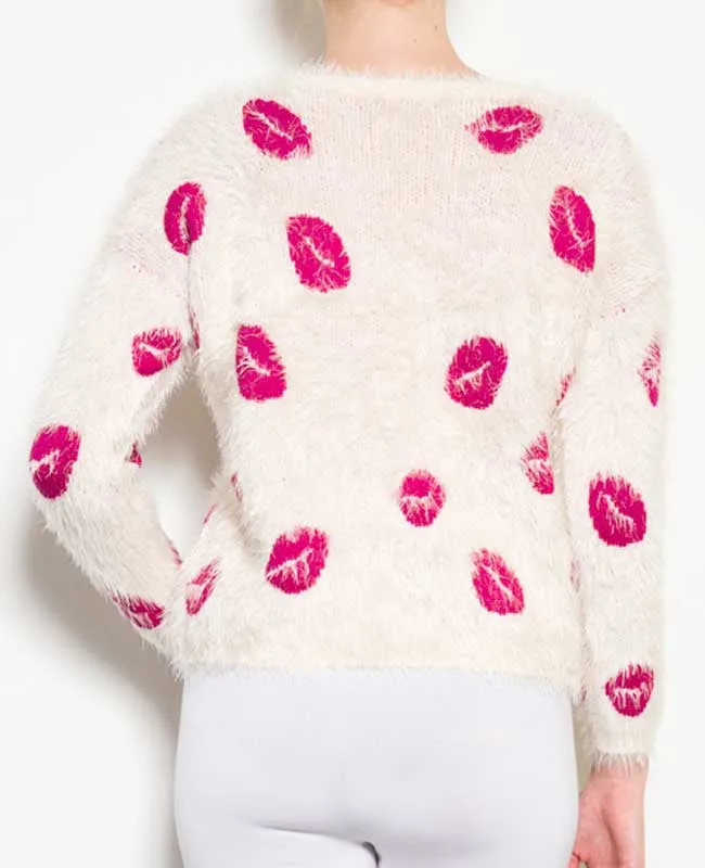 Lips Frayed White Sweater