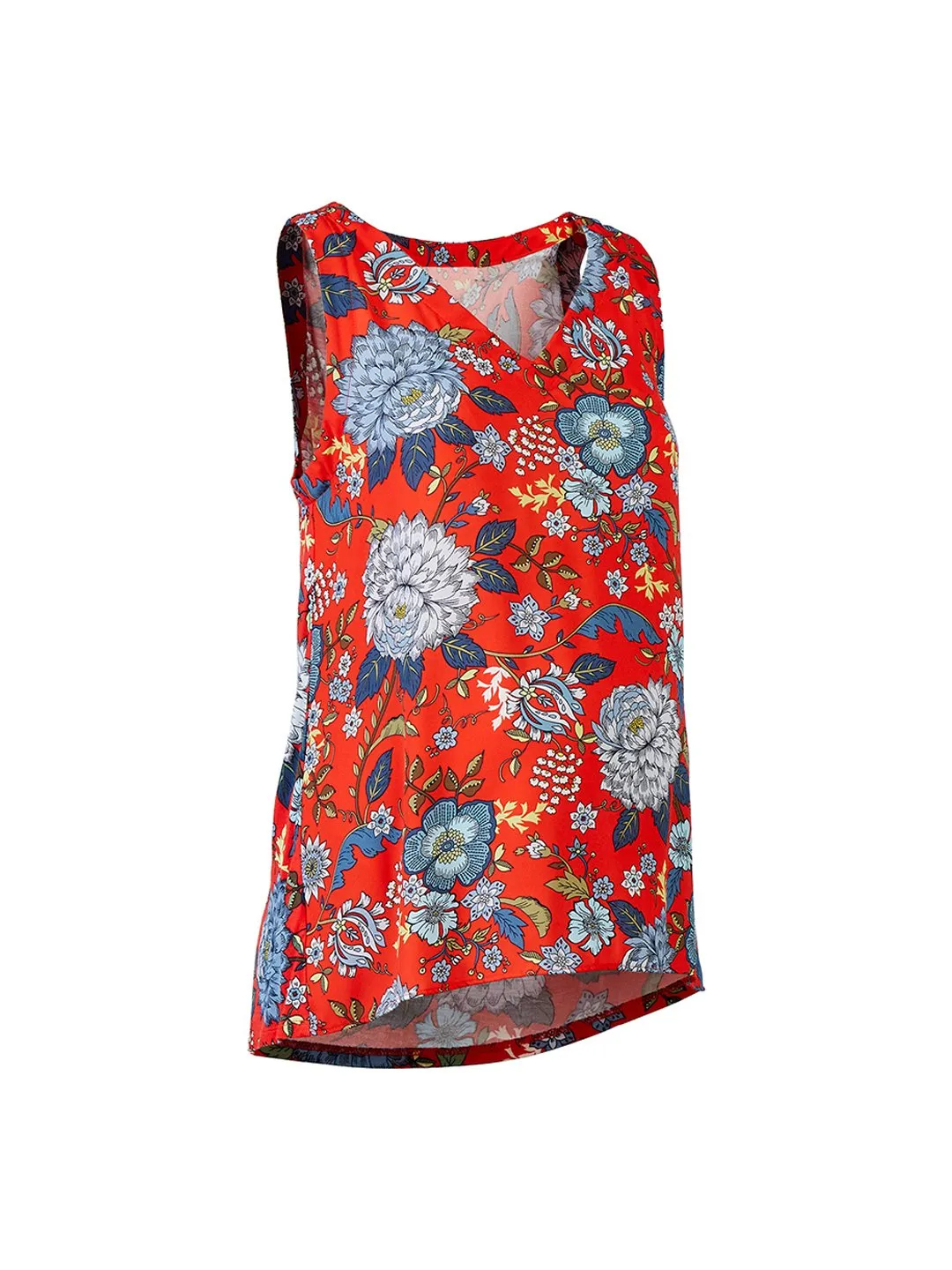 Maternity Floral V-Neck Mixed Media Shell in Strong Red