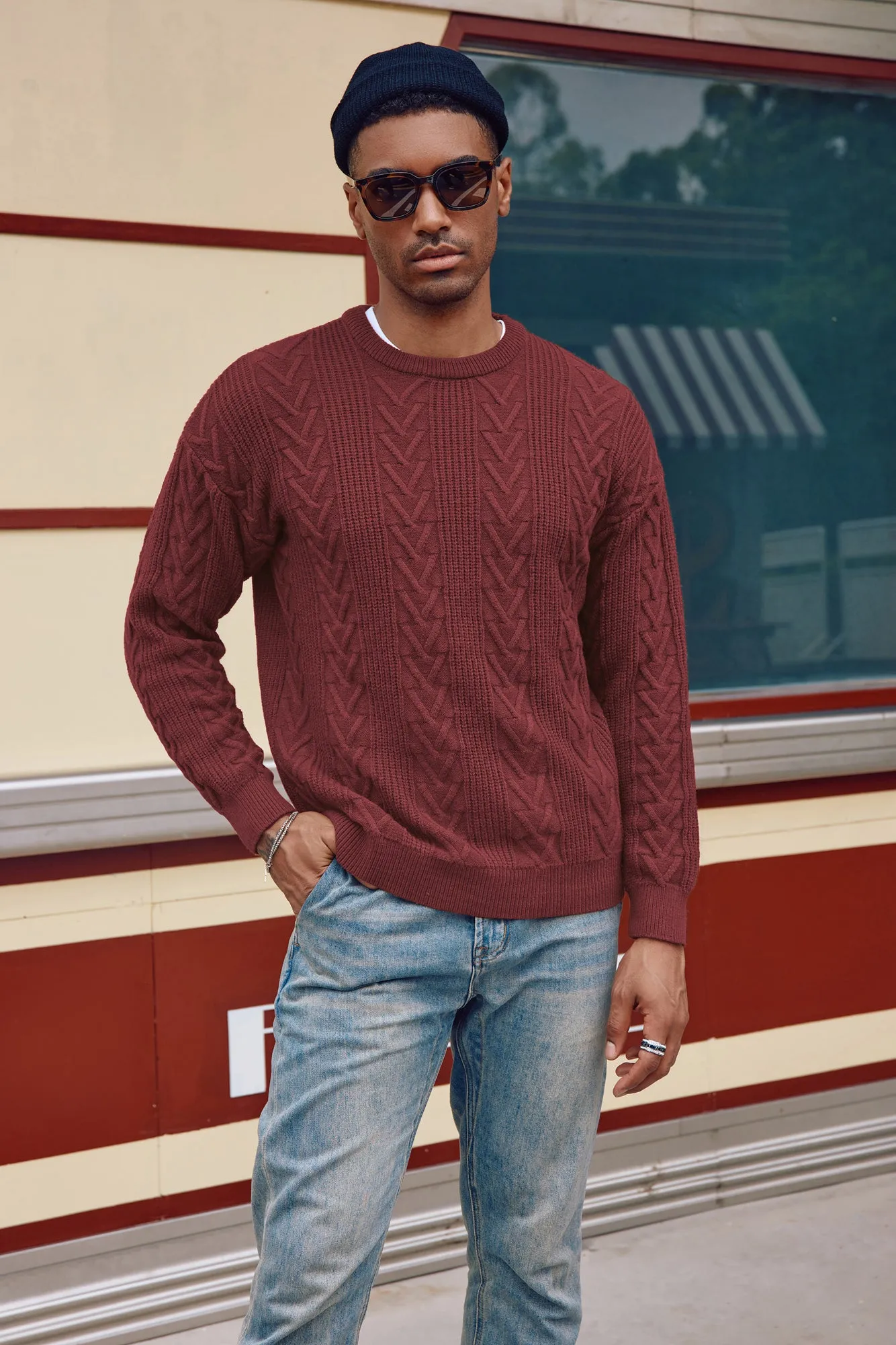 Mens Crewneck Sweater Casual Cable Knit Pullover Sweater Drop Shoulder Solid Knitted Sweaters