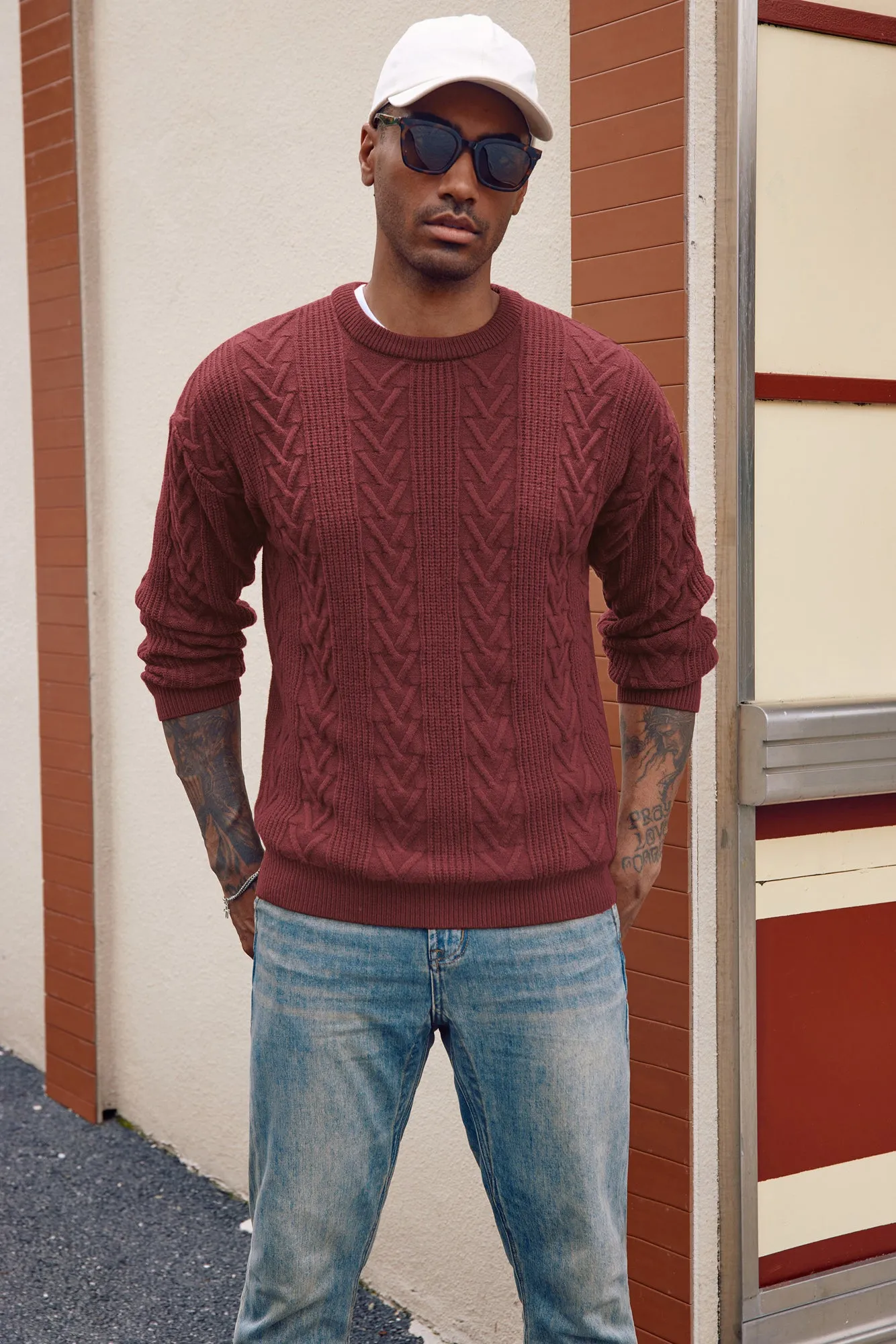 Mens Crewneck Sweater Casual Cable Knit Pullover Sweater Drop Shoulder Solid Knitted Sweaters