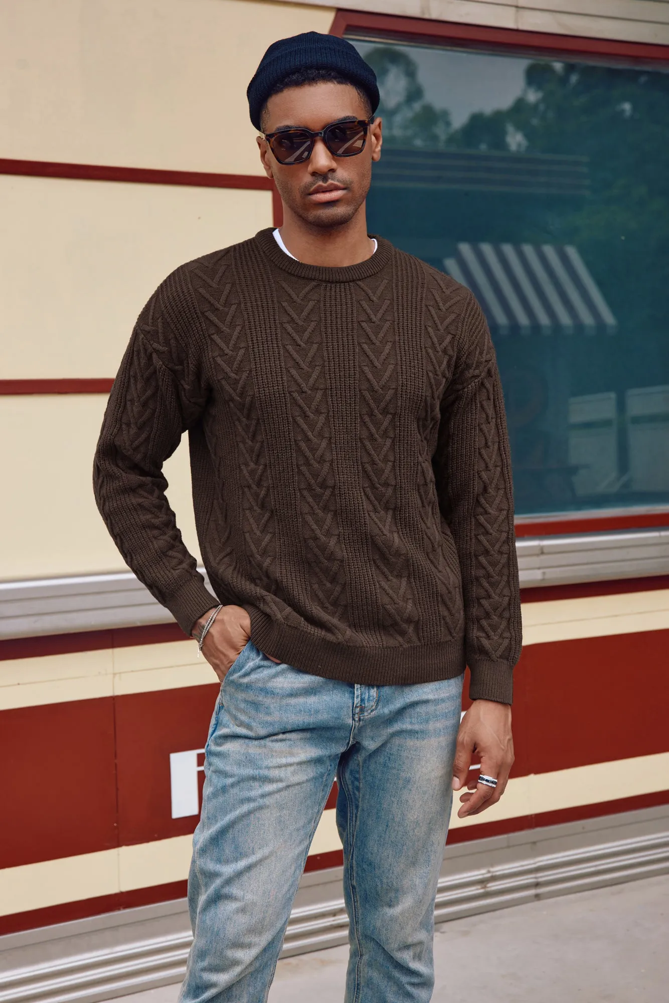 Mens Crewneck Sweater Casual Cable Knit Pullover Sweater Drop Shoulder Solid Knitted Sweaters