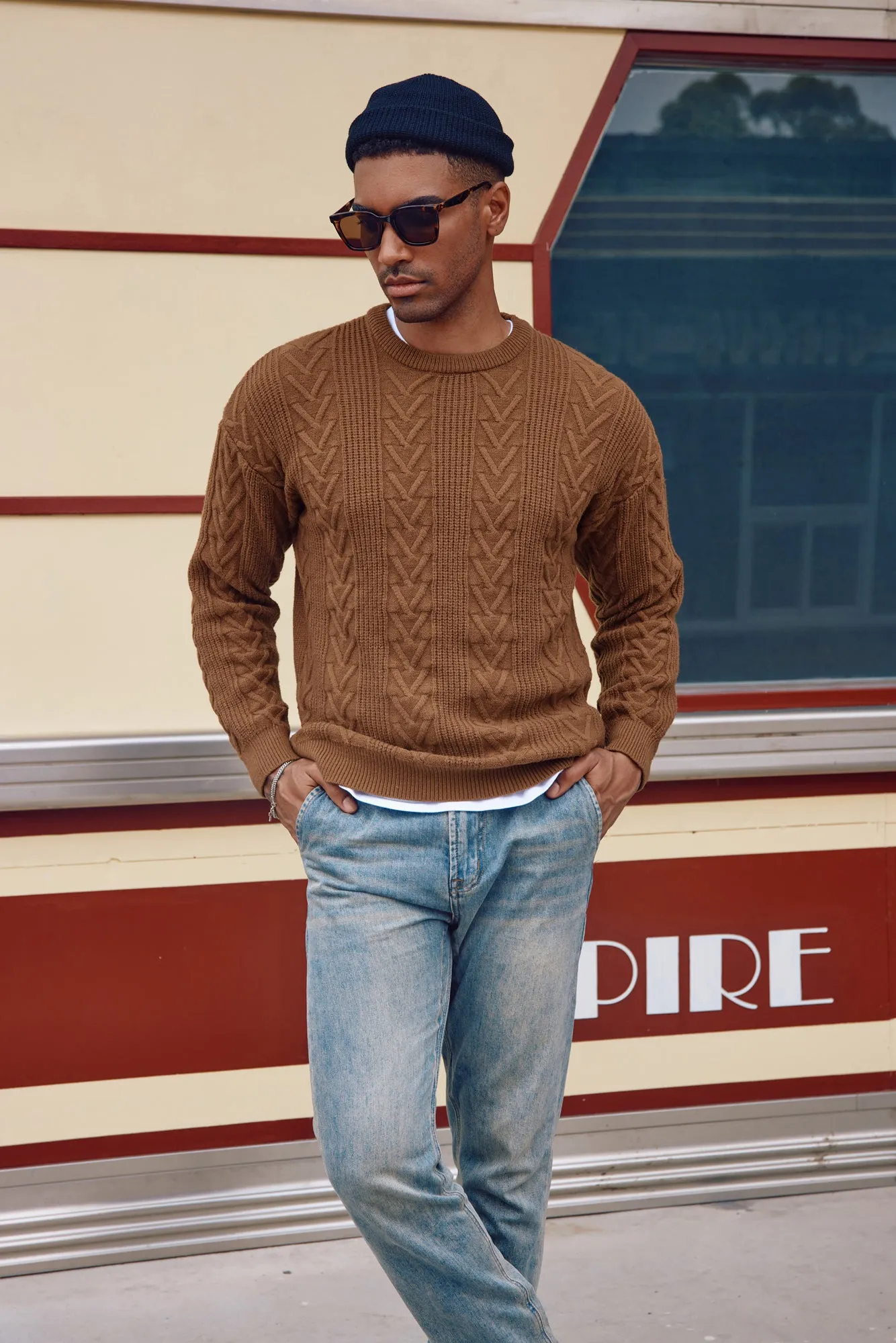 Mens Crewneck Sweater Casual Cable Knit Pullover Sweater Drop Shoulder Solid Knitted Sweaters