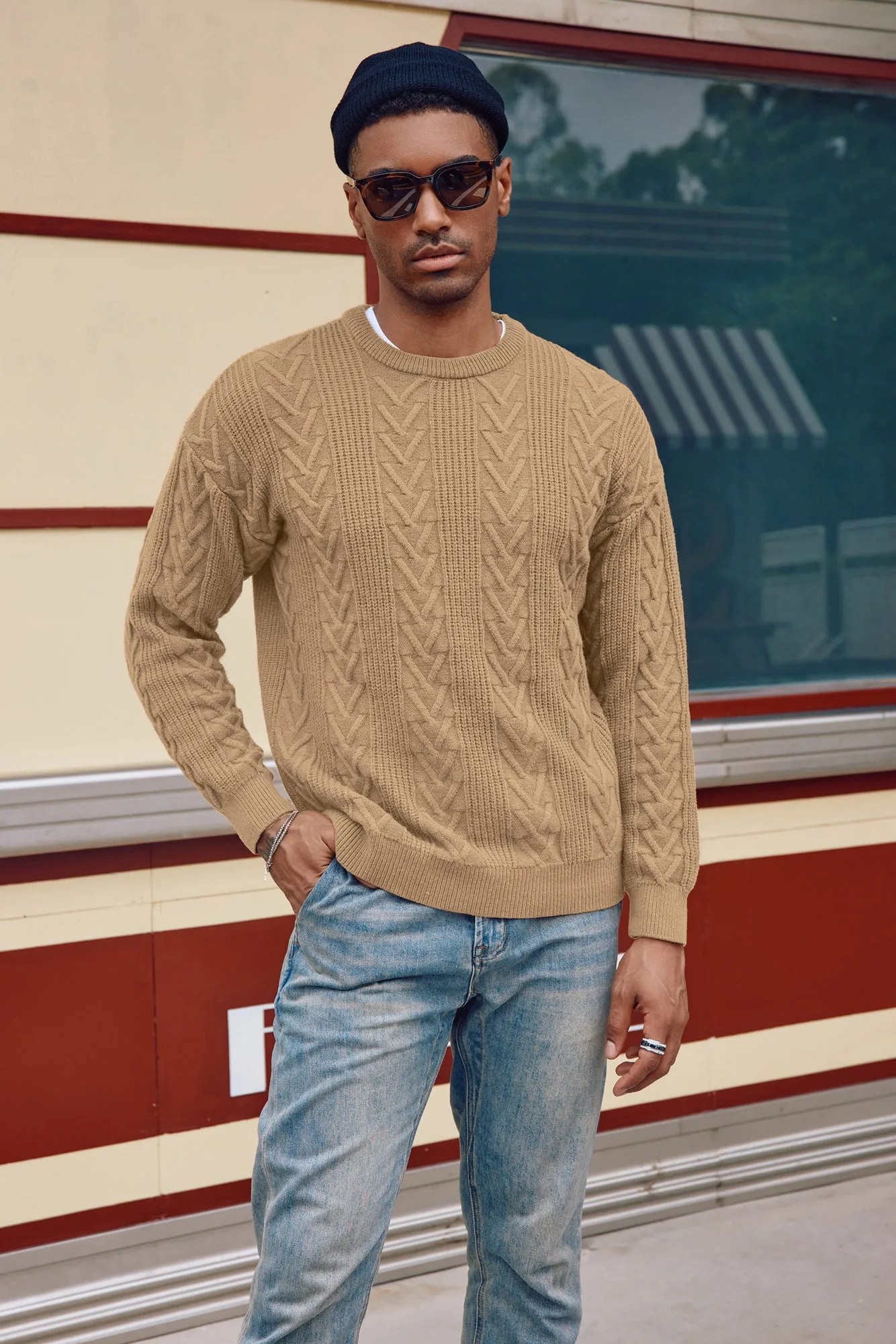 Mens Crewneck Sweater Casual Cable Knit Pullover Sweater Drop Shoulder Solid Knitted Sweaters