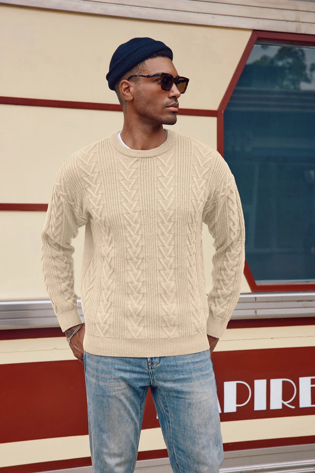 Mens Crewneck Sweater Casual Cable Knit Pullover Sweater Drop Shoulder Solid Knitted Sweaters