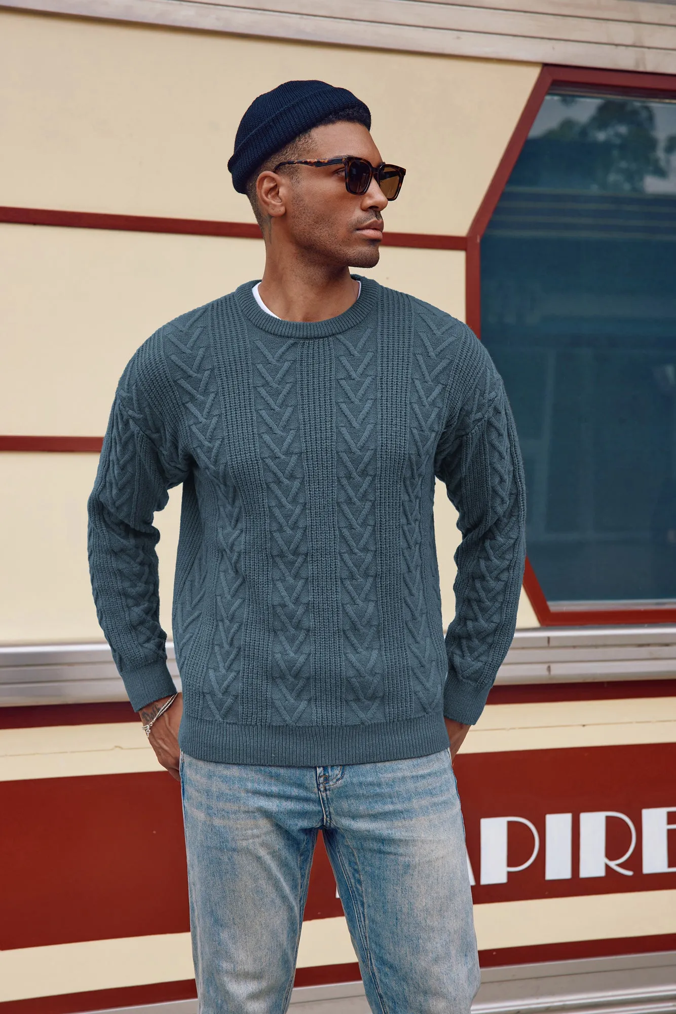 Mens Crewneck Sweater Casual Cable Knit Pullover Sweater Drop Shoulder Solid Knitted Sweaters