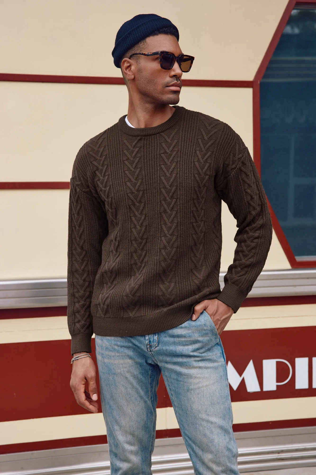 Mens Crewneck Sweater Casual Cable Knit Pullover Sweater Drop Shoulder Solid Knitted Sweaters