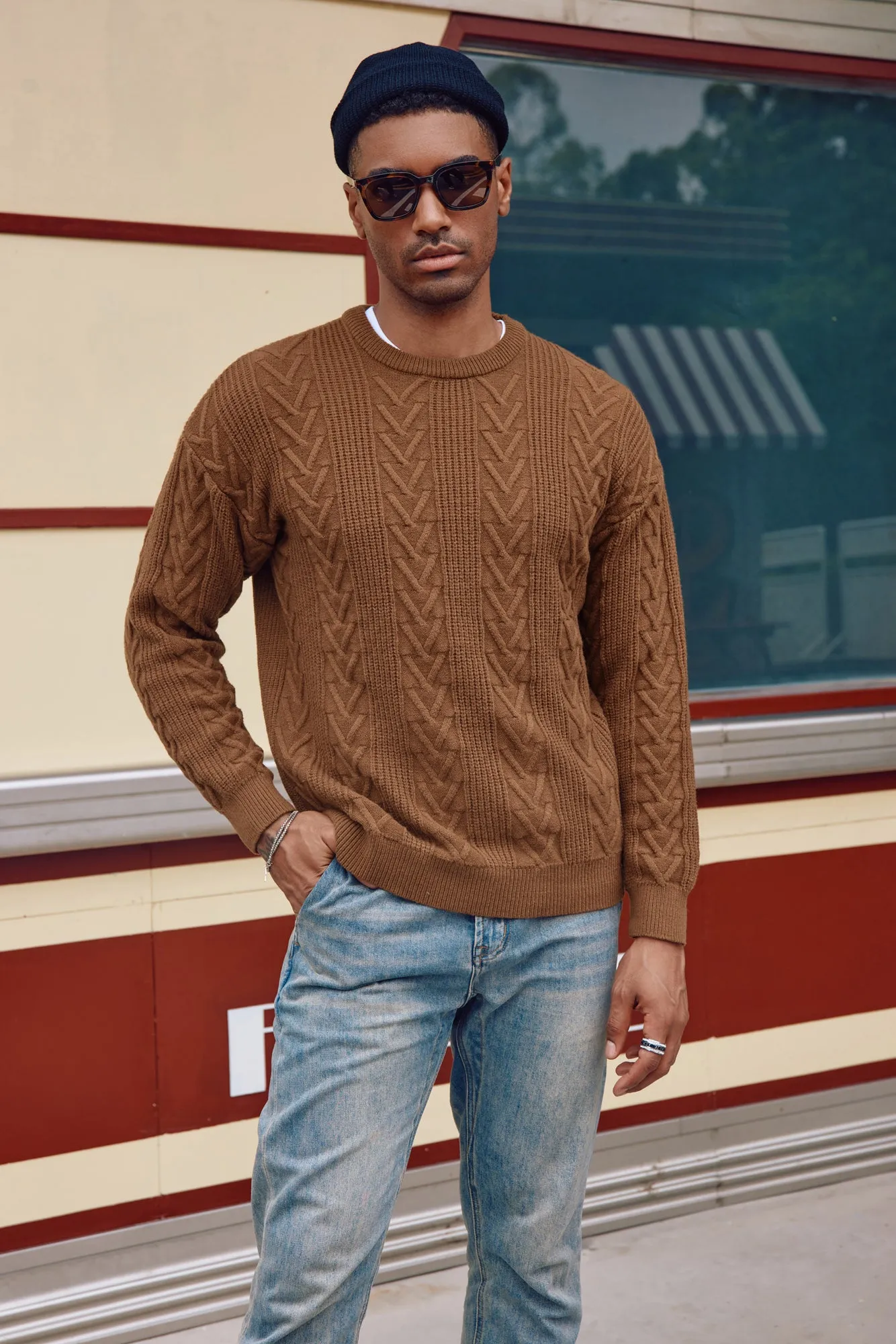 Mens Crewneck Sweater Casual Cable Knit Pullover Sweater Drop Shoulder Solid Knitted Sweaters