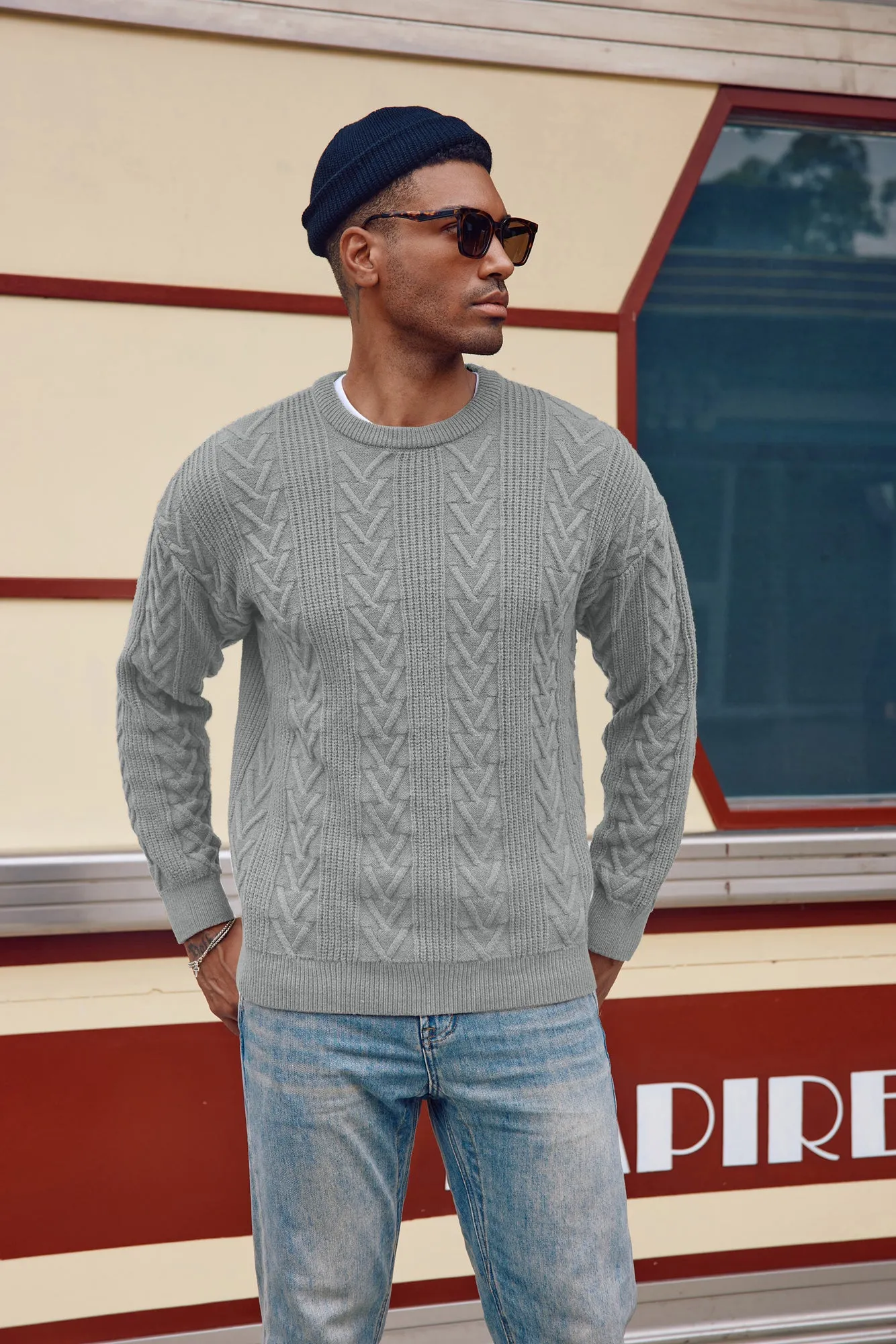 Mens Crewneck Sweater Casual Cable Knit Pullover Sweater Drop Shoulder Solid Knitted Sweaters