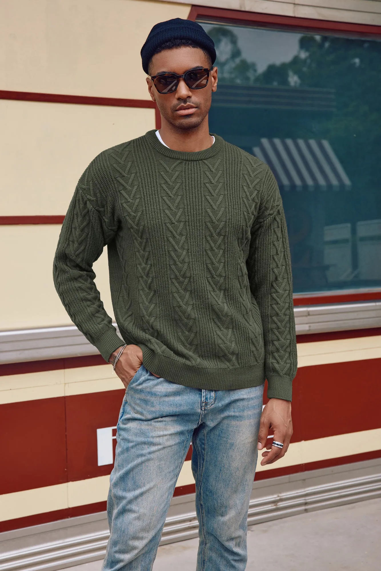 Mens Crewneck Sweater Casual Cable Knit Pullover Sweater Drop Shoulder Solid Knitted Sweaters