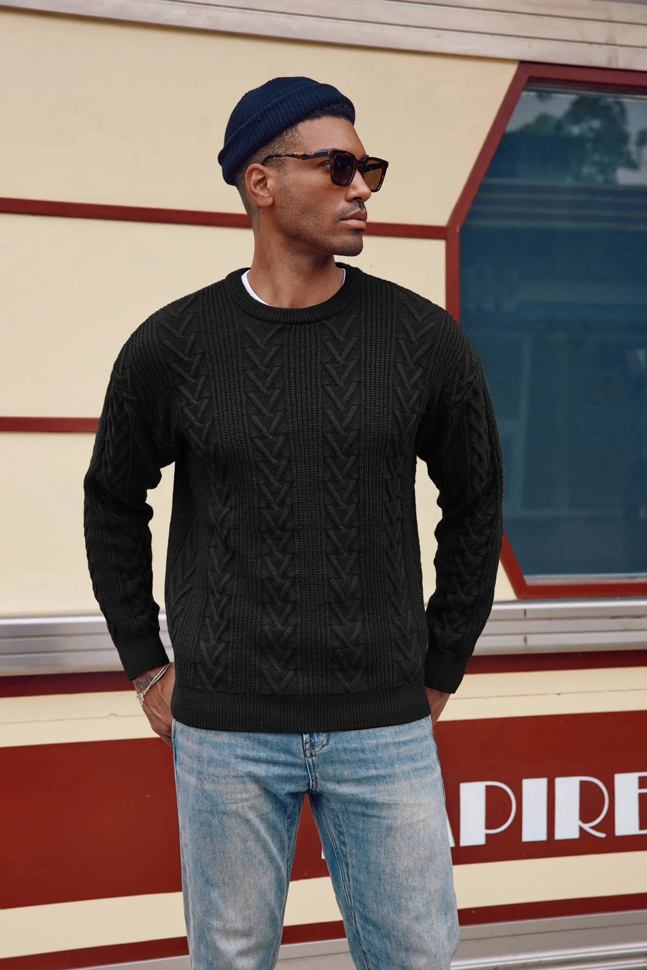 Mens Crewneck Sweater Casual Cable Knit Pullover Sweater Drop Shoulder Solid Knitted Sweaters