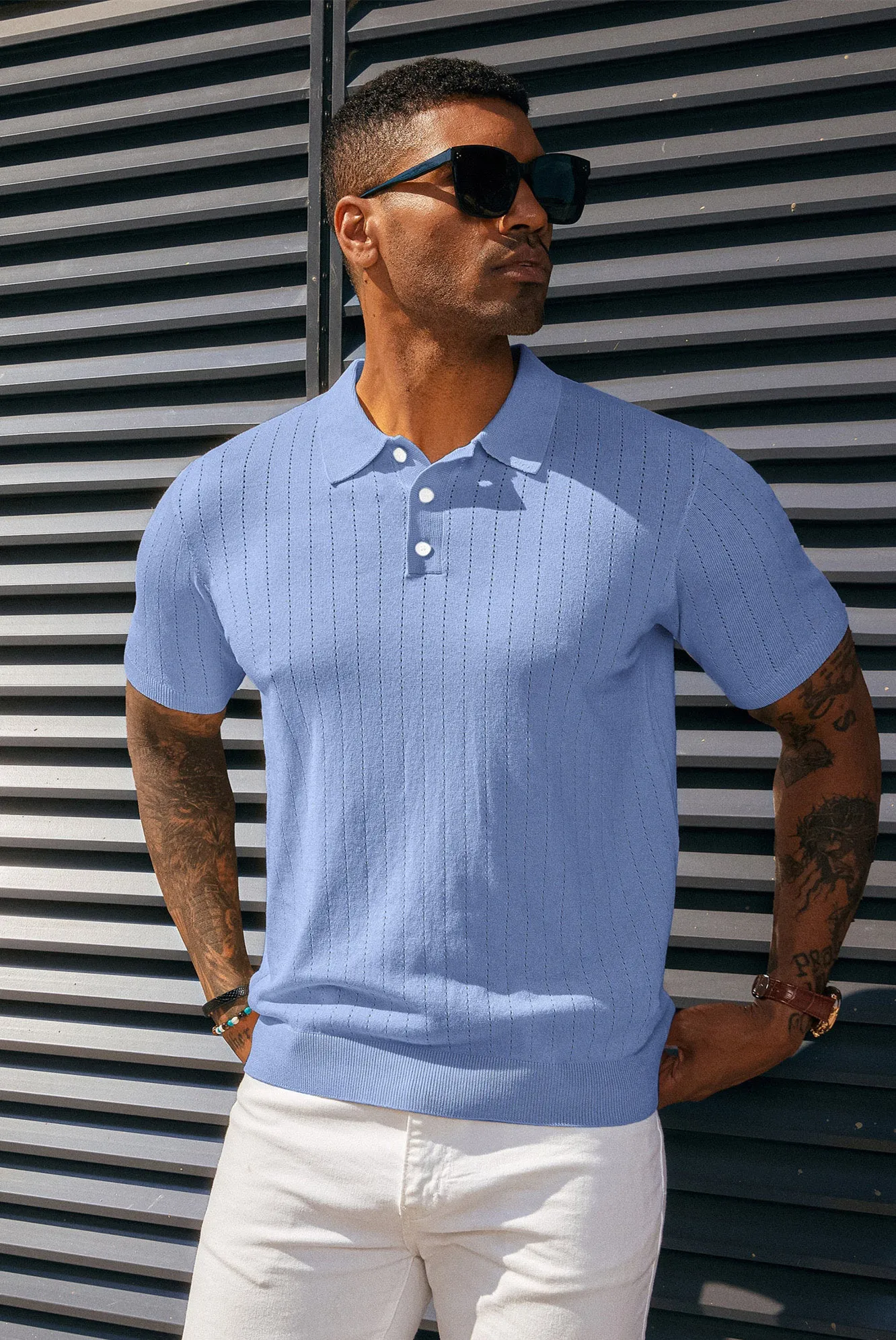 Men's Knit Polo Shirts Casual Short Sleeve Solid Button Down Pullover Polo T Shirts