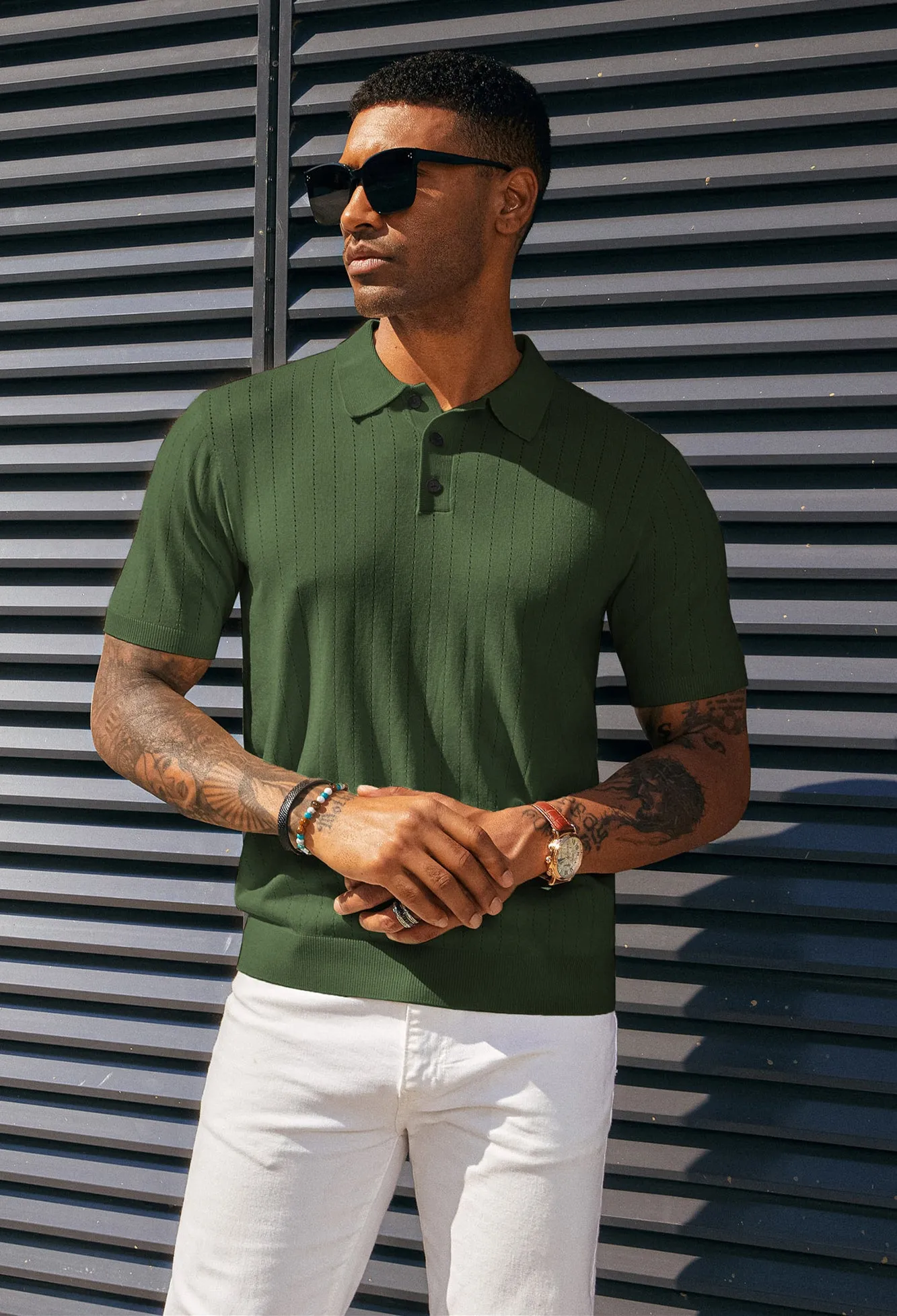 Men's Knit Polo Shirts Casual Short Sleeve Solid Button Down Pullover Polo T Shirts