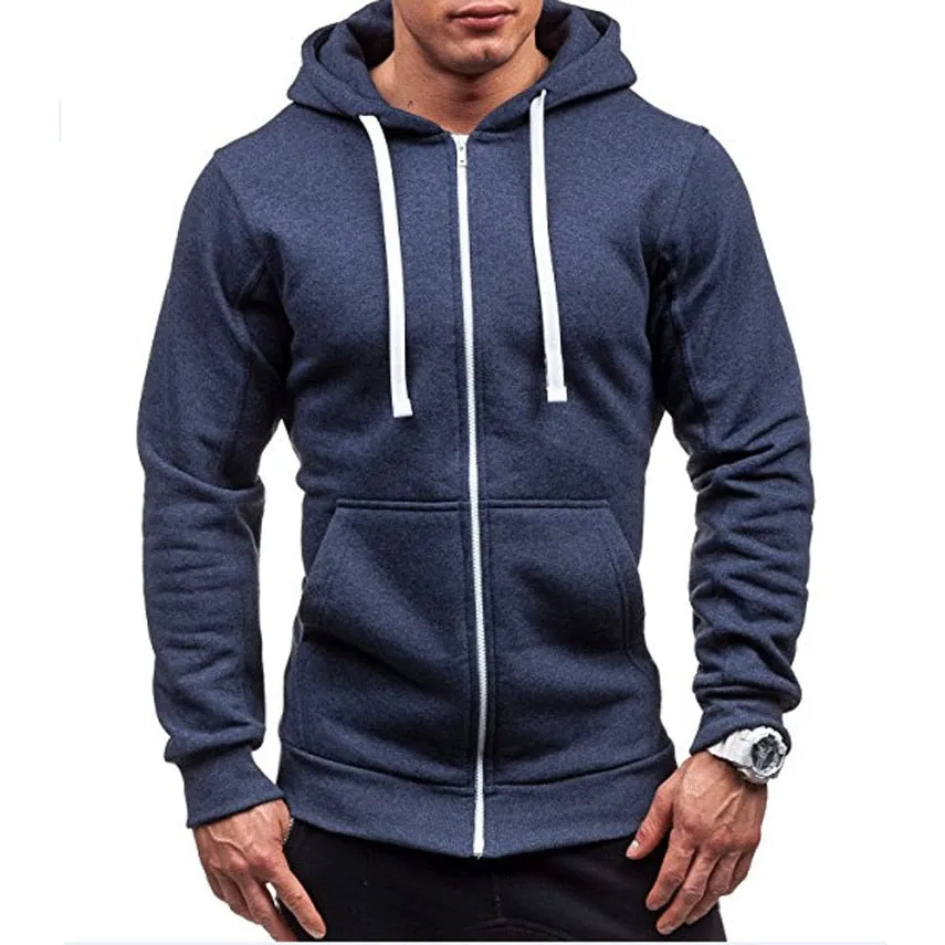 Mens Zipper Hooded Solid Colour Sweatshirt